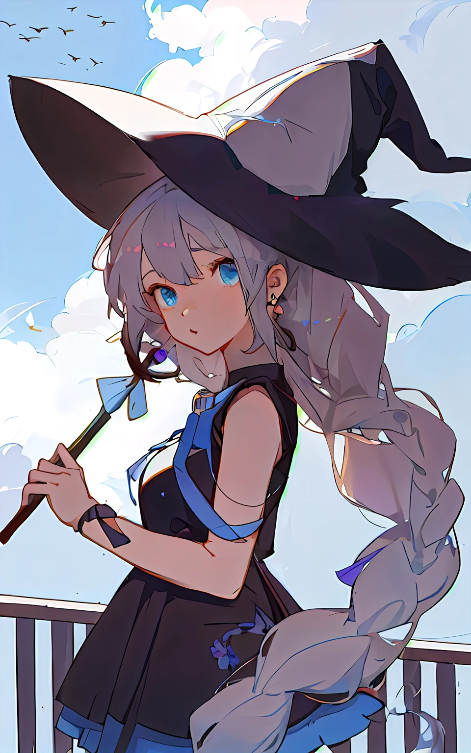 (Highest picture quality),(tmasterpiece),(Ultra detail)，teens girl,White hair, Sky blue eyes,  Witch hat, Twist braids, Black sleeveless skirt,Golden Hoop Stick, Pedras preciosas, skelleton, ear studs,Floating hair,rays of sunshine, Lovely,Beauty,White skin,BestWorks，Masterpiece,extremelydetailedwallpaper,1个Giant Breast Girl,A high resolution，Anime girl with wand in hand,Skysky，​​clouds，Lori huge breasts cleavage，portrait of a young witch girl