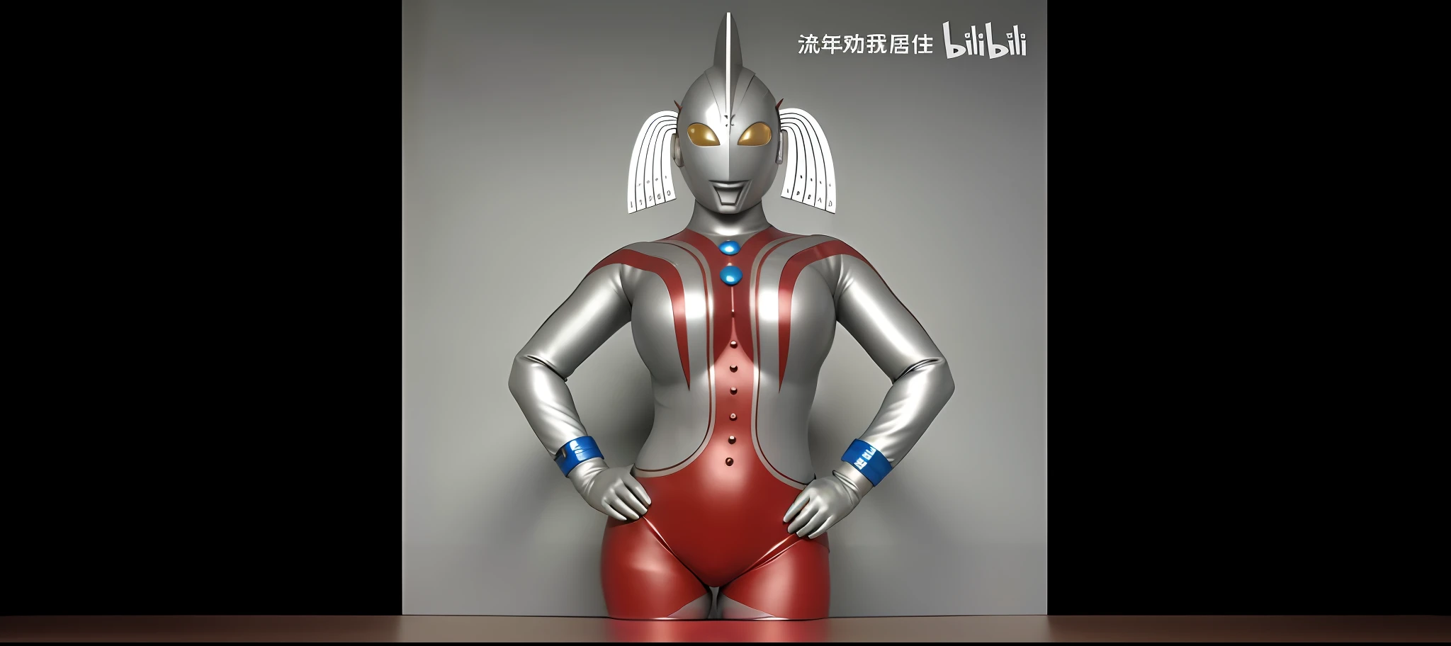 Close-up of a robot wearing a red tights and a blue helmet, gynoid body, Ultraman, gynoid cyborg body, zentai suit, biblical female android, full body zenkai! asuka suit, chiho aoshima color scheme, author:Hiroyuki Tajima, japanese cgi, beautiful female android!, Humanoid woman