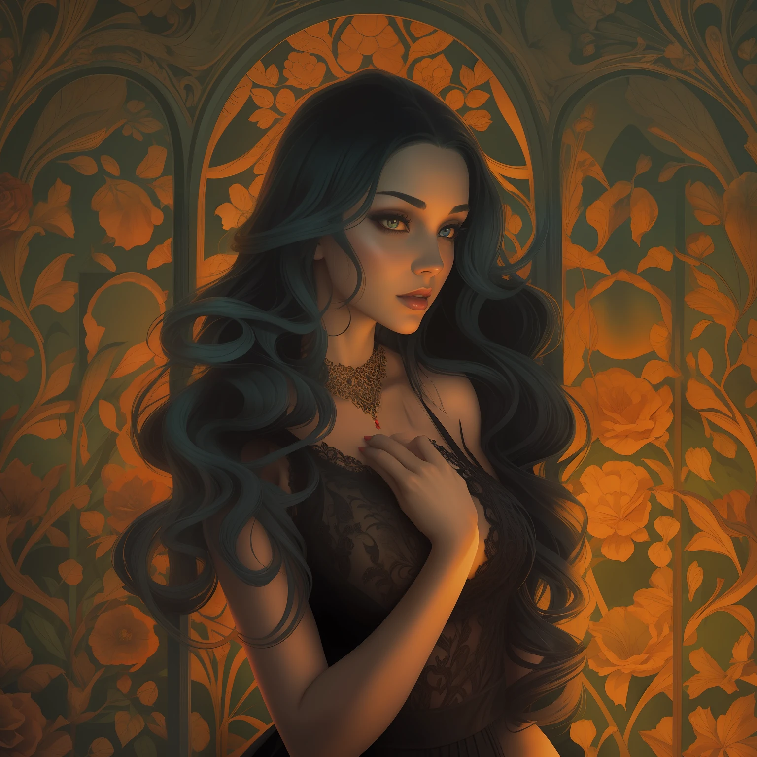 Gorgeous vampire woman in black lace, red eyes, tan skin, story book style, warm dreamy lighting, matte background, volumetric lighting, pulp adventure style, fluid acrylic, dynamic gradients, bold color, illustration, highly detailed, simple, smooth and clean curves, vector art, smooth, character design, 3d shadowing, cinematic, ornate motifs, elegant organic framing, hyper realism, masterpiece collection, bright lush colors, penumbra, alcohol paint, wet gouache