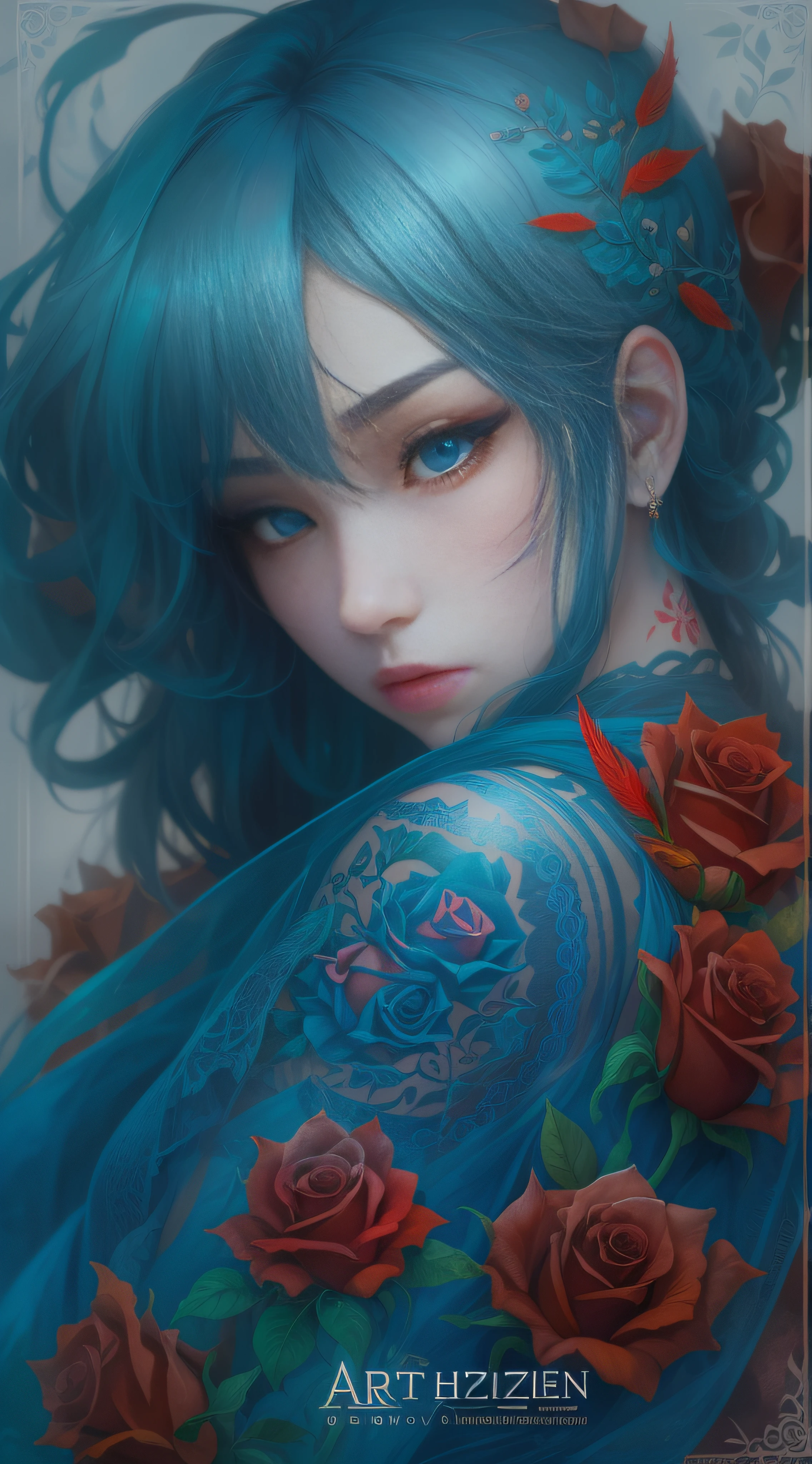 Blue with red rose tattoo pose model, in the style of artgerm, Expressive eyes, Zhang Jingna, animeaesthetic, Detailed feather rendering, high resolution, Gothic references