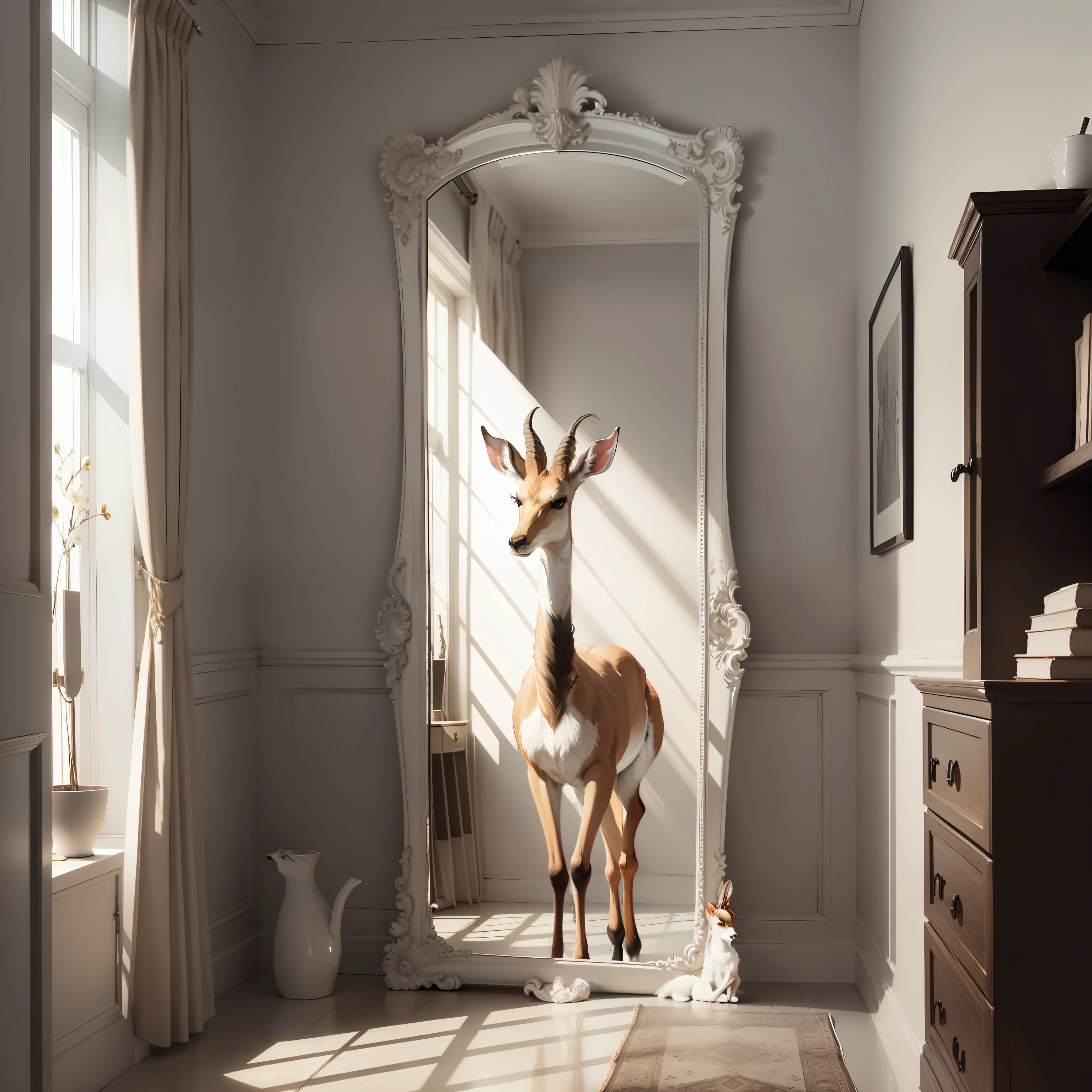 skinny gazelle, small antelope, in a room, mirror, high resolution, fantasy drawing, pencil strokes, black and white