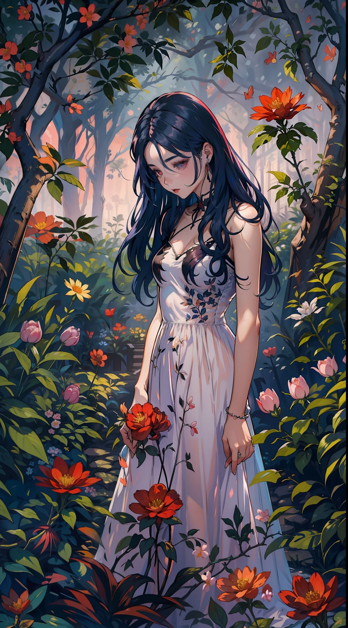 En una fiesta de primavera, A beautiful vampire walks through a garden on a clear night. Ella lleva una guirnalda de flores en su cabello, You have cold eyes and your skin lacks pigment., Ella lleva un largo, Sober dress with heart neckline.