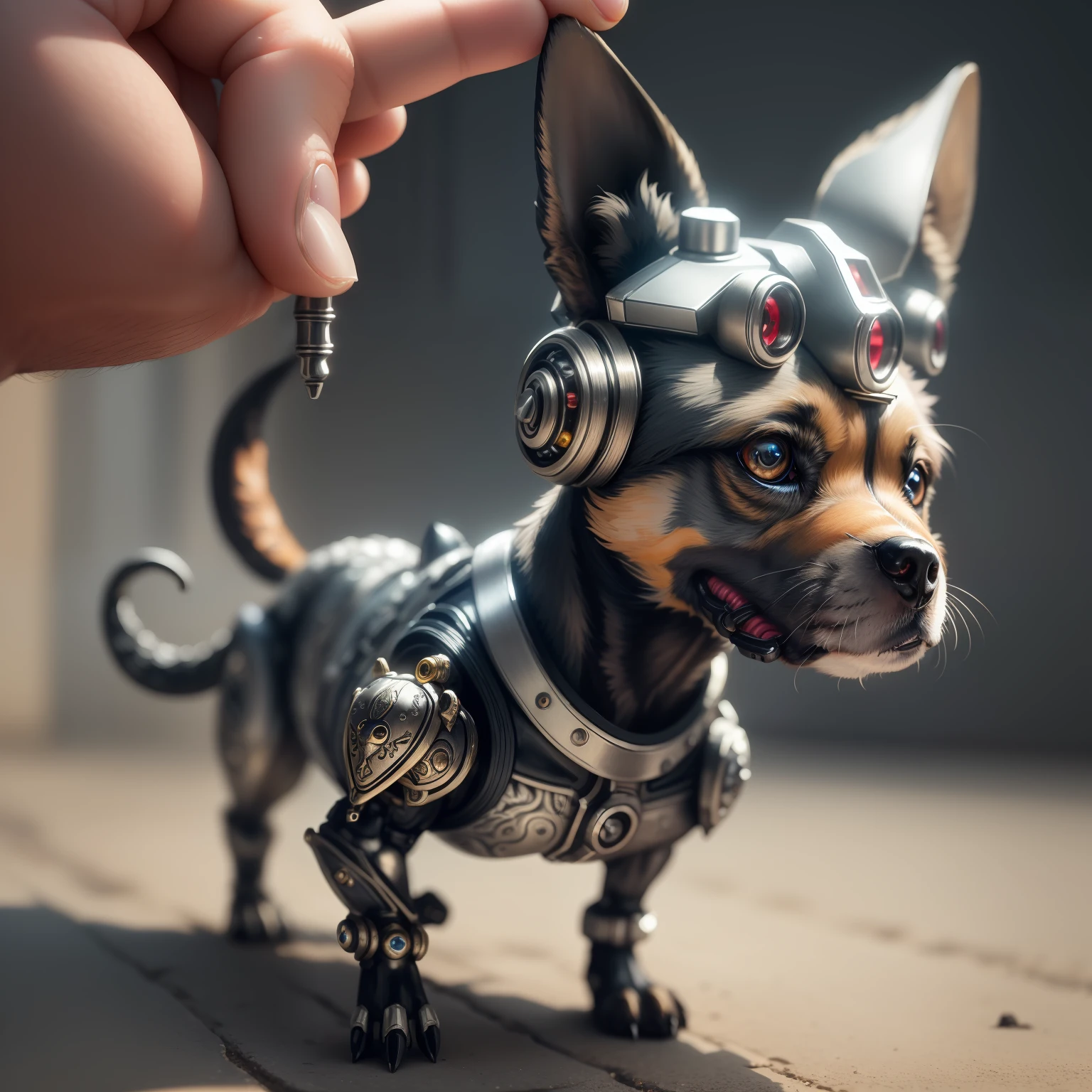 a cute little dog made of metal, (cyborg:1.1), ([tail | detailed wire]:1.3), (intricate detail), hdr, (intricate detail, hyperdetailed:1.2), cinematic shot, vignette, centered
