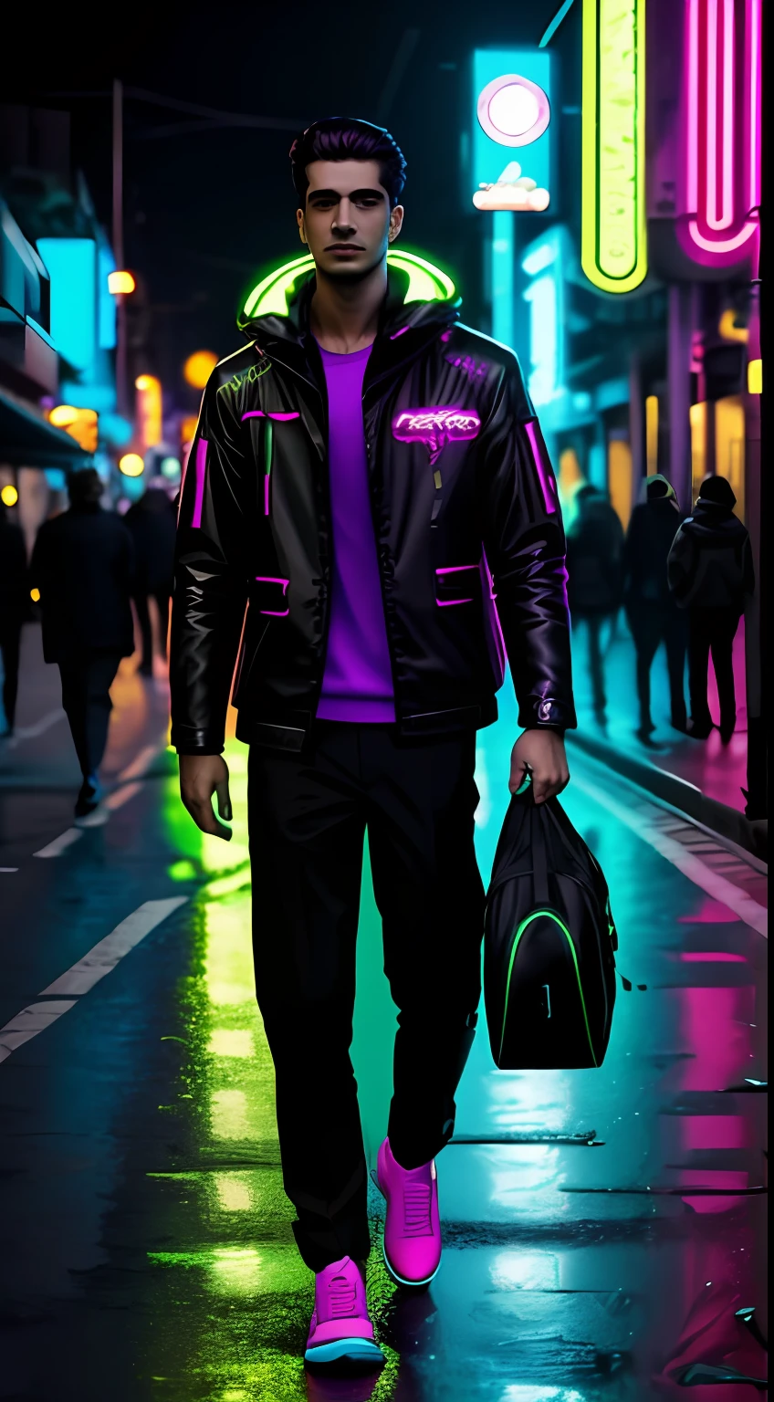 natureza cyberpunk neon, homem de mochila de costas futurista neon, passeio feliz neon futurista na natureza