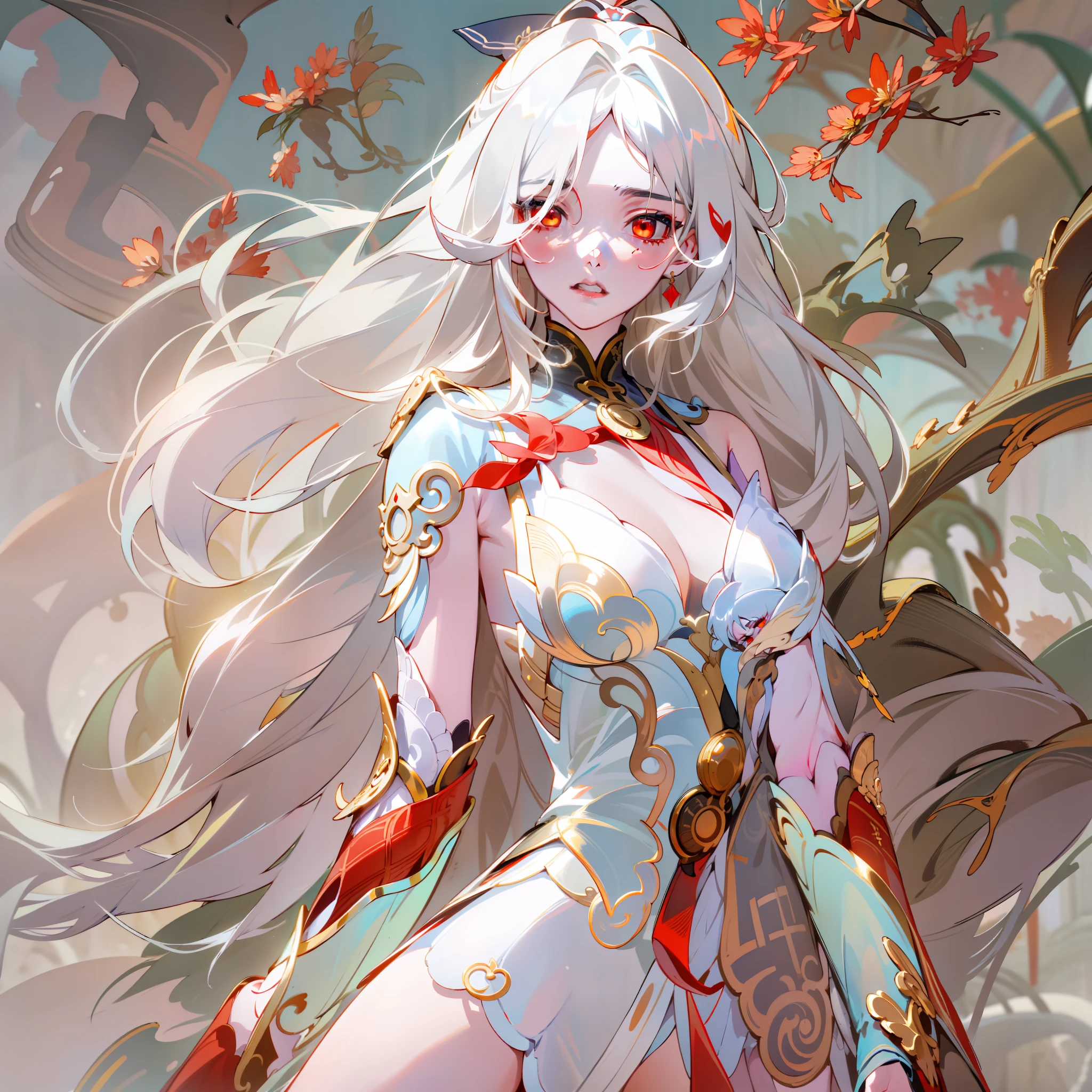jingliuV4,Unbeatable masterpiece, extraordinary, Incredible, Exquisite, Perfect artwork, perfect women figure, Perfect anatomy, Unique, red color eyes,long white hair,arm behind back,Sunnyday