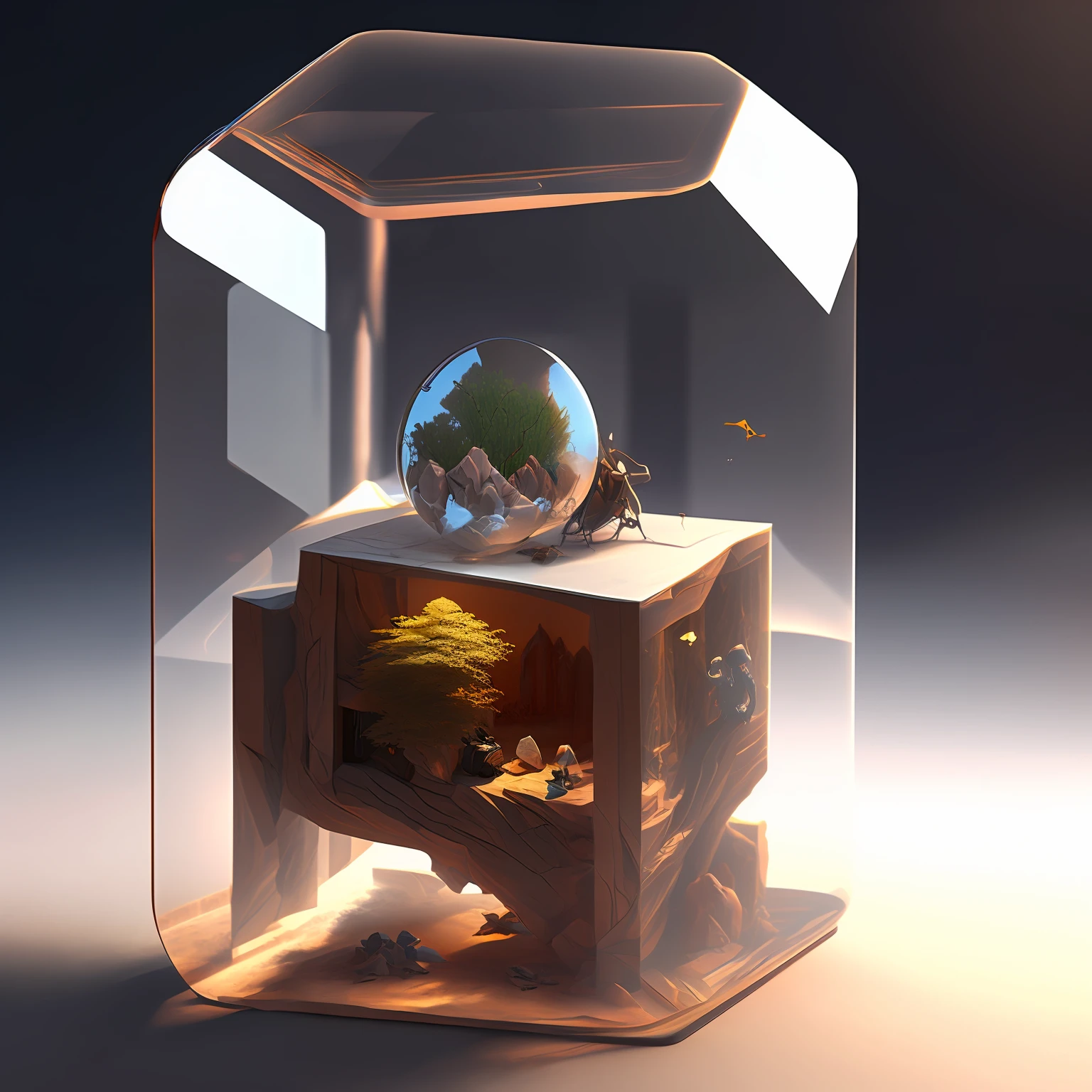 cinematic universe inside of a glass cube, sharp focus, concept art, very detailed, very realistic, trending on artstation, in the style of ALBERT BIERSTADT