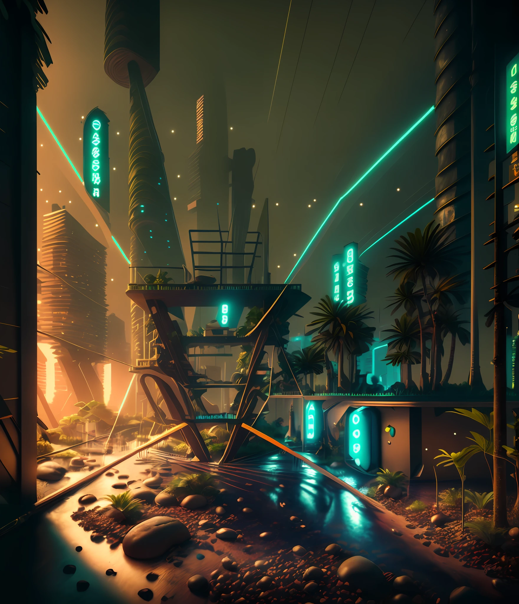 dskise, (isometric) , A photo of indoor garden, tropical garden, (minimalism style), lighten wood, indoors, exterior, trees, green architecture, lantern light, sand, bamboo, forest, architecture visualization, photography, 8k, masterpiece, ultra quality, (Meditation), relaxing, night light, no human, detailed garden scene of a neon lit (cyberpunk:1.4), futuristic garden, mir rendering, night
