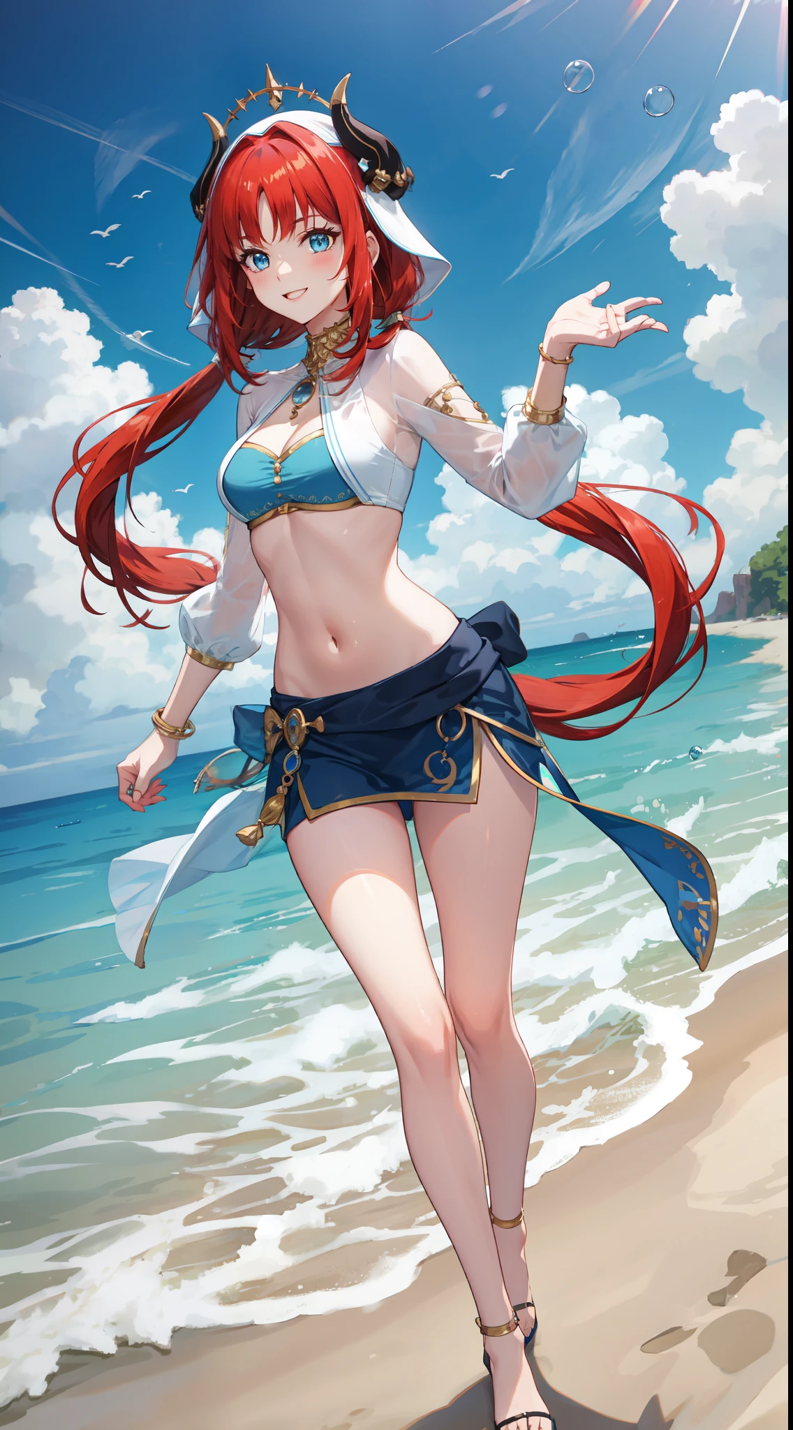 slim legs, cleavage, navel, blue eyes, nilou, stand, red hair, long hair, beach, happy,