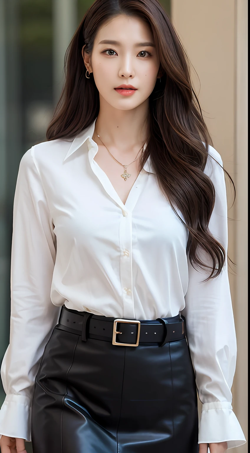 (Best quality, High resolution, Masterpiece :1.3), A tall and pretty woman, Slender abs, Dark brown hair styled in loose waves, Breasts, Wearing pendant, White button up shirt, Belt, Black skirt, (Modern architecture in background), Details exquisitely rendered in the face and skin texture, Detailed eyes, Double eyelid