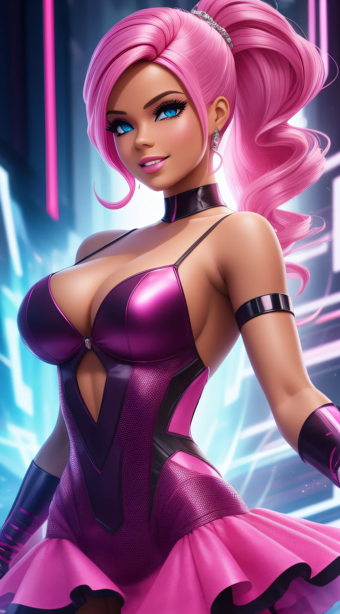 lustração digital, uma mulher feliz com cabelo loiro, Dancing woman, Cyberpunk, vestido de rosa, Escura, olhos azuis iluminados, sorridente, Enquadramento aberto, Comprimento total. estilo barbie, detalhes sobre roupas. beleza angelical.