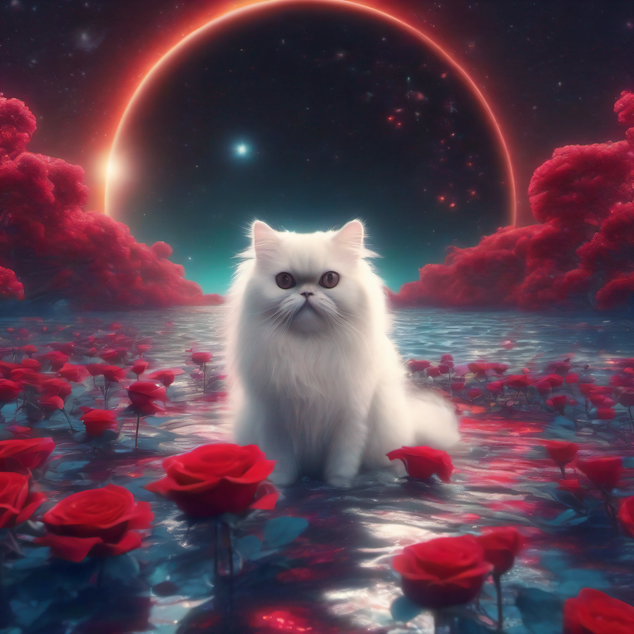 A snow-white long-haired Persian cat sits on the bright moon, Bright starry sky, Many red roses float in the sea, 3d effect, Surreal, Super dreamy, High definition, Beautiful Ethereal Wonderland HD，the wallpaper，rendering by octane，32K