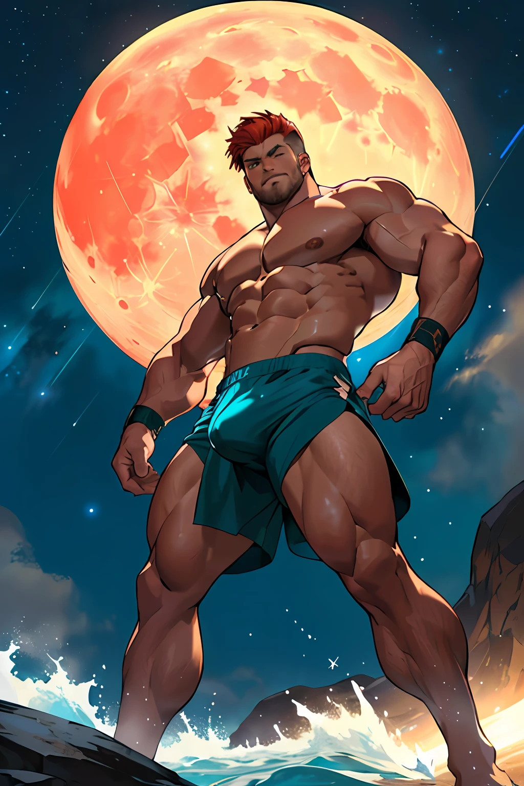 Draw a young bodybuilder of 300 lbs, muscular, god anathomy, handsome red hair green eyes and tan skin. Pecs, abs, biceps, bulge, ((genital outline)) Standing in the beach under the starry sky, he is wearing a red posing trunks (( Dramatic lighting from stars illuminates the scene, this man looks confident and determined, looking down,crew cut, full body,shot from below,a big moon in the background