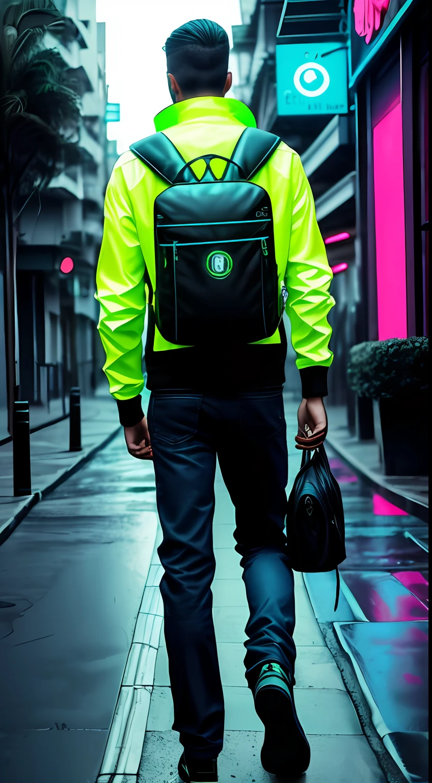 natureza cyberpunk neon, homem de mochila de costas futurista neon, passeio feliz neon futurista na natureza fazendo planos, Man turned back, fazendo planos na mesa