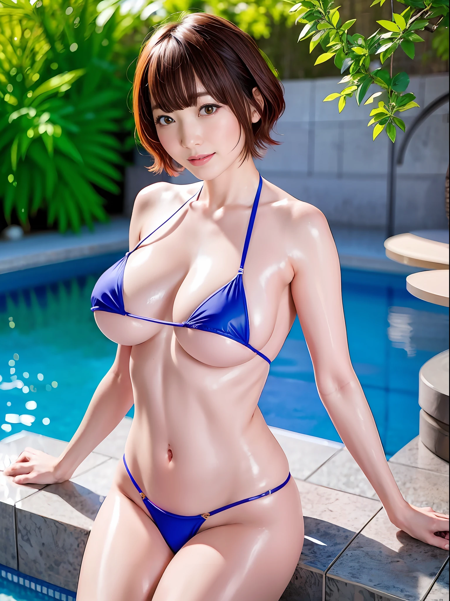 A Japanese Lady、 (Colossal tits:1.5)、A smile、red blush、Shortcut Hair、tiny microbikini、Spread your legs apart、Hands behind your back、in poolside、blue-sky、Southland、top-quality、Top image quality、​masterpiece、full body Esbian、perfect bodies、Detailed body、A detailed face、Lustrous skin、shinny skin、