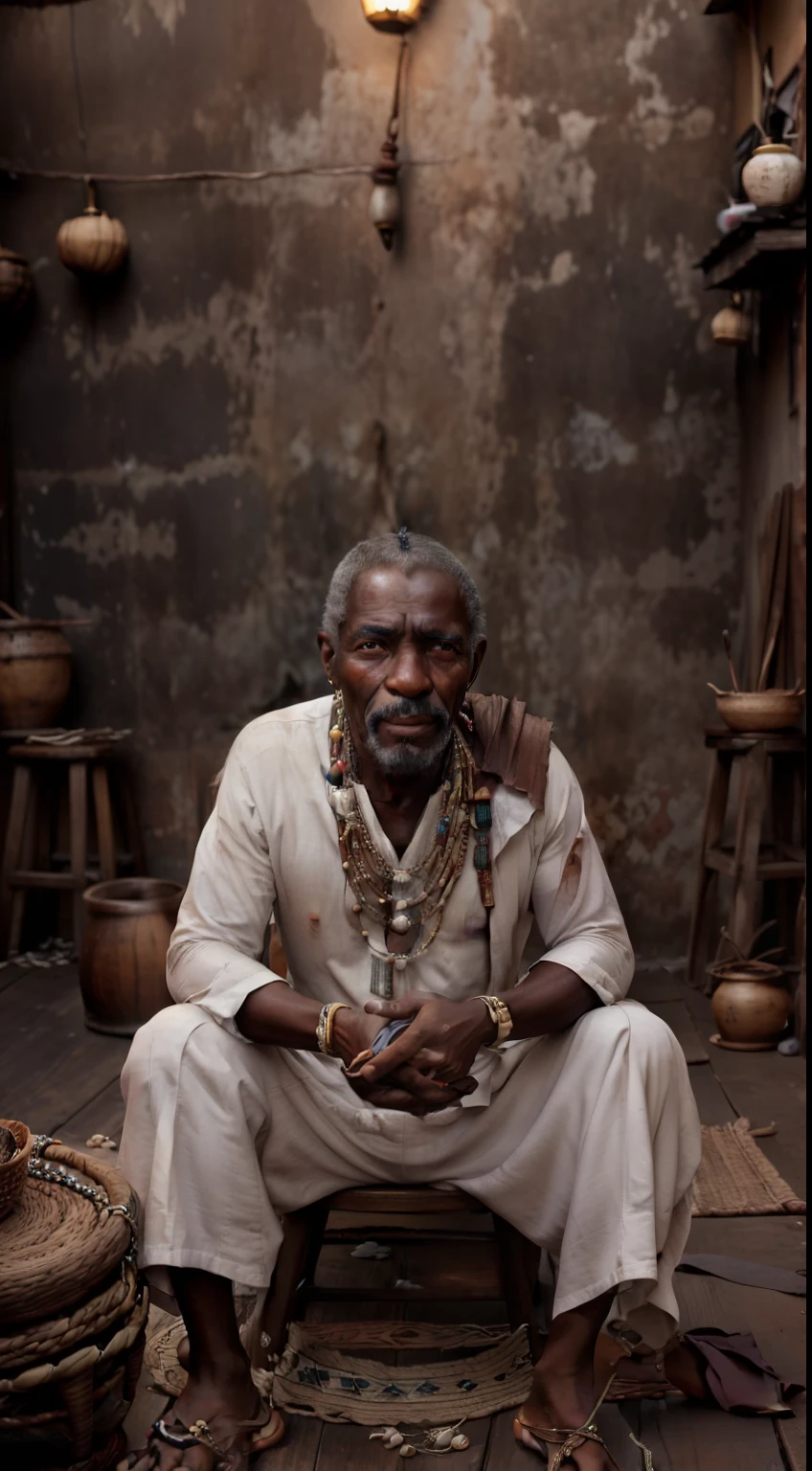 Homem africano, por volta dos 60 anos, com rosto marcado pelo tempo e com muitas rugas. His countenance is sad and looks sore. Wears white clothes and seed necklaces around her neck. He's sitting on a wooden stool. Diversas velas acesas.