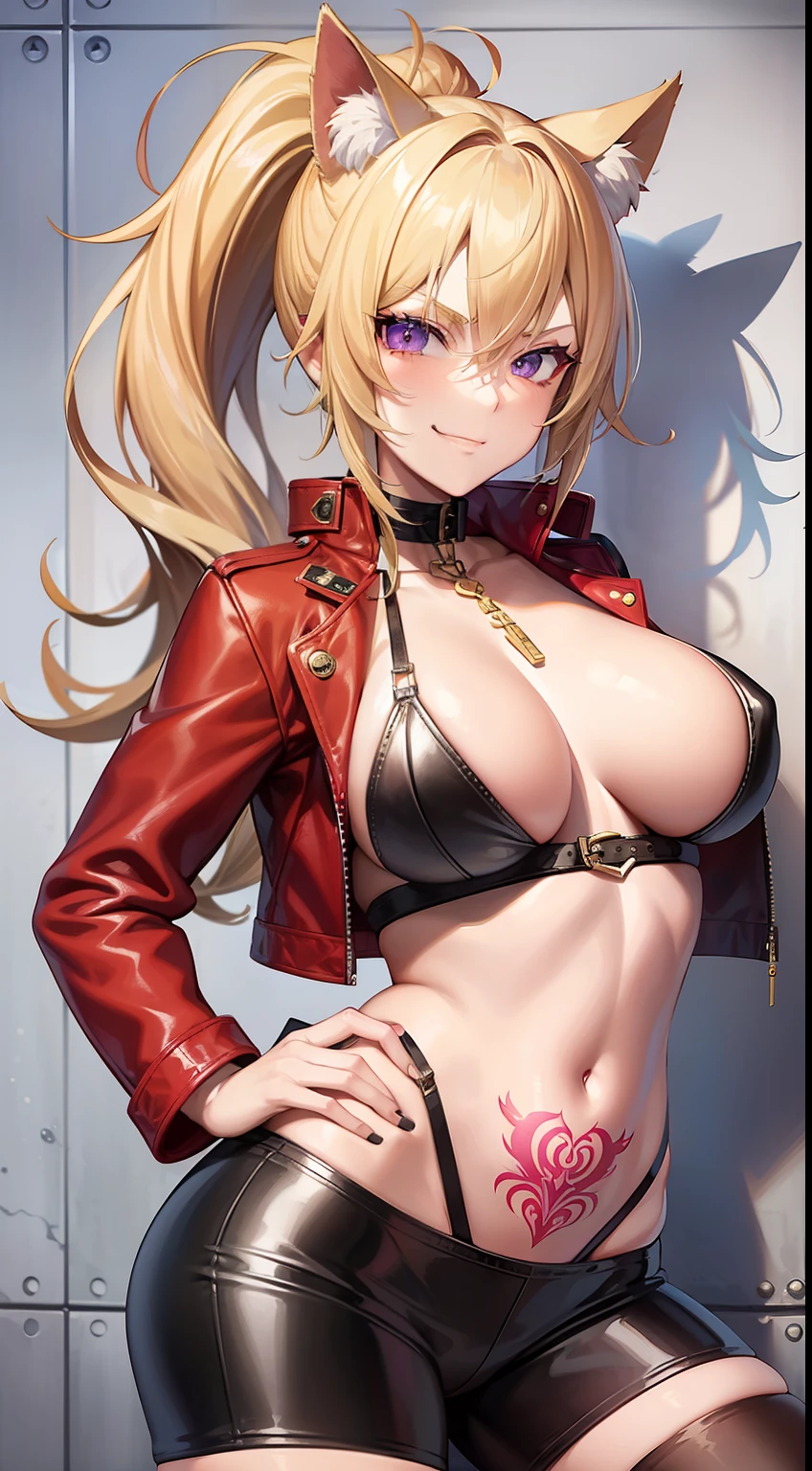 young girl, longue blonde hair, high ponytail, cat ears, violet eyes, red leather jacket, briefs, open belly, open breasts, tattoo, Scars, smirk, cigarette, Masterpiece, hiquality