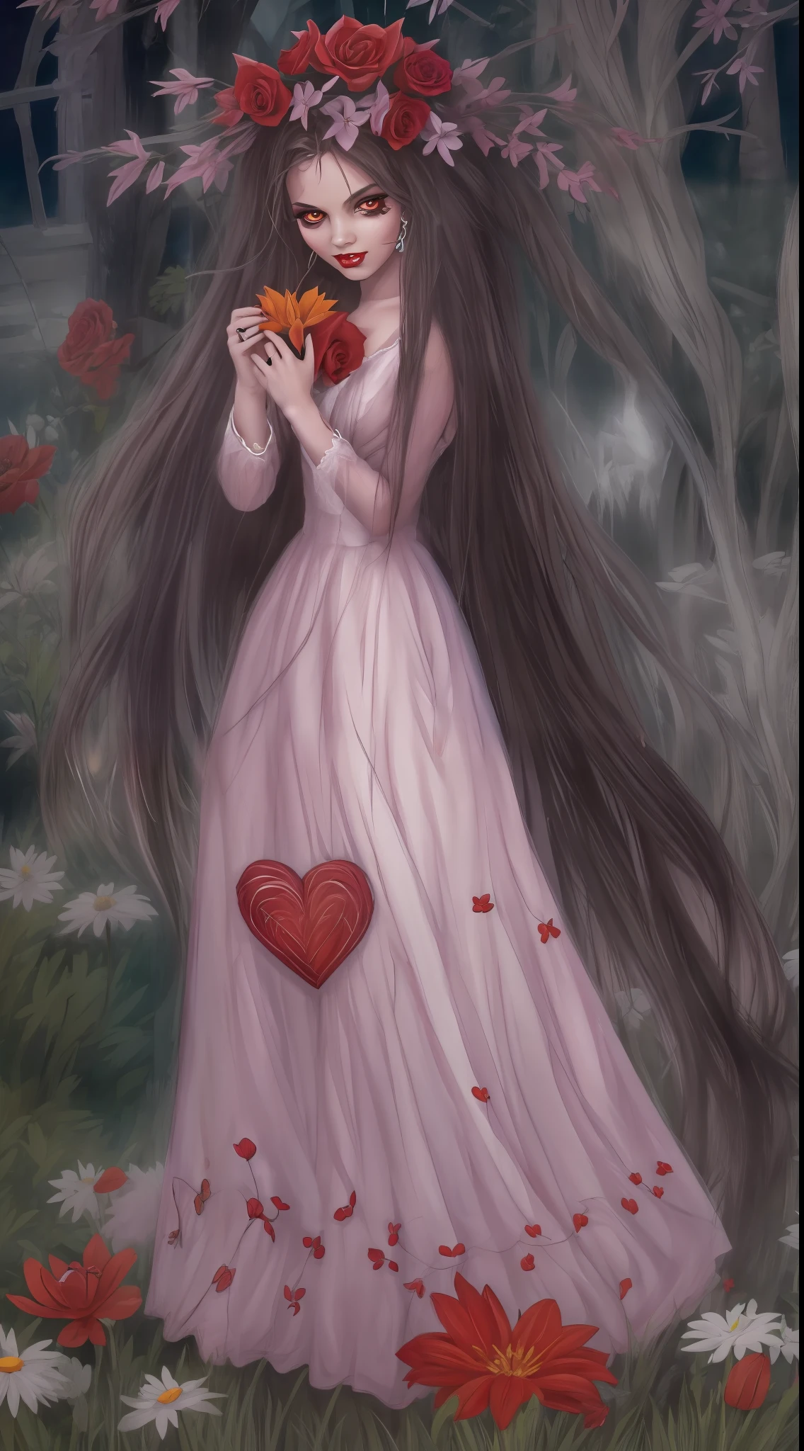 En una fiesta de primavera, A beautiful vampire walks through a garden on a clear night. Ella lleva una guirnalda de flores en su cabello, You have cold eyes and your skin lacks pigment., Ella lleva un largo, Sober dress with heart neckline.