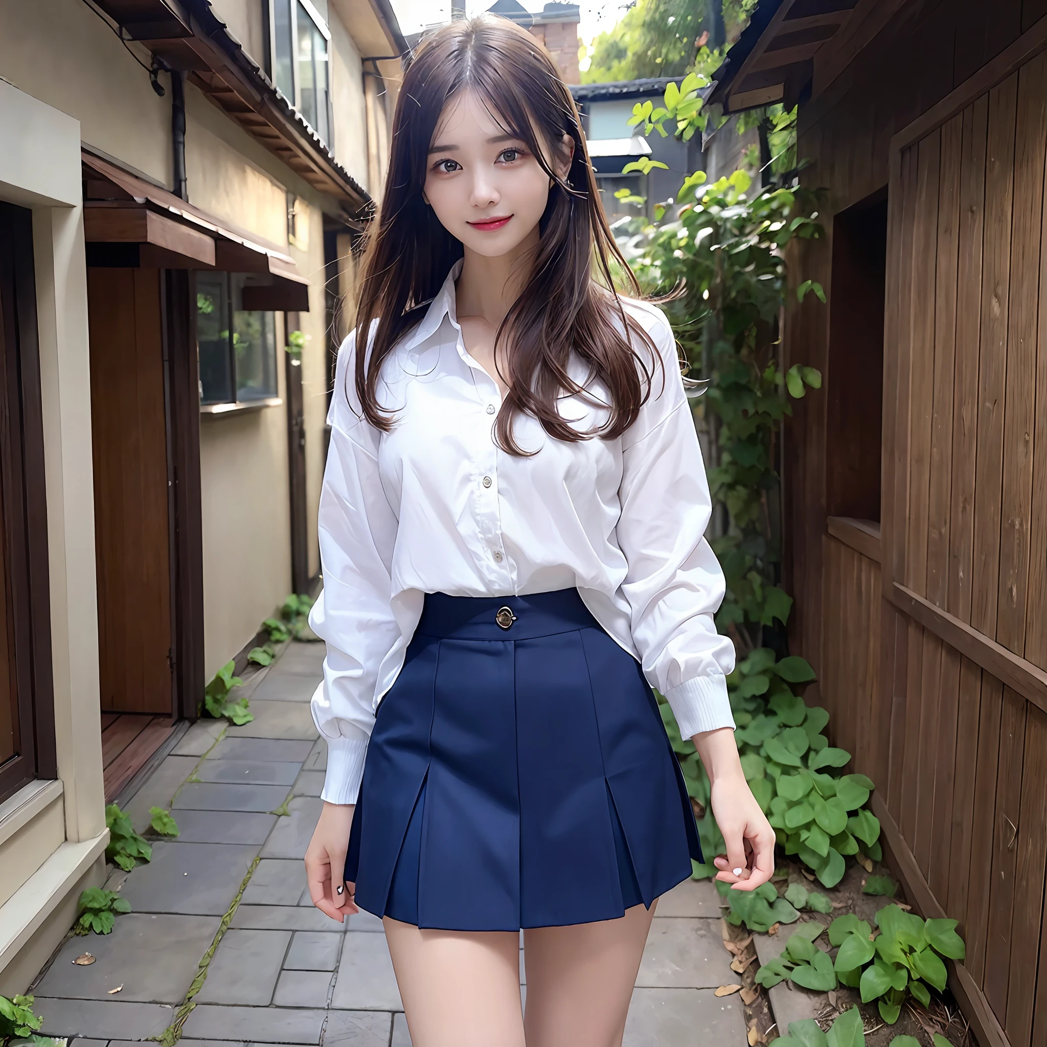 {“query”: “a person”}、((Realistic lighting、top-quality、8K、masterpiece:1.3))、Focus:1.2、1 girl、Perfect figure:1.4、Slim abs:1.1、((dark brown hair))、(Dark blue jacket)、(Dark blue skirt)、(White shirt)、(outside of house、Daytime:1.1)、(Super fine face、A smile)、big eye、24