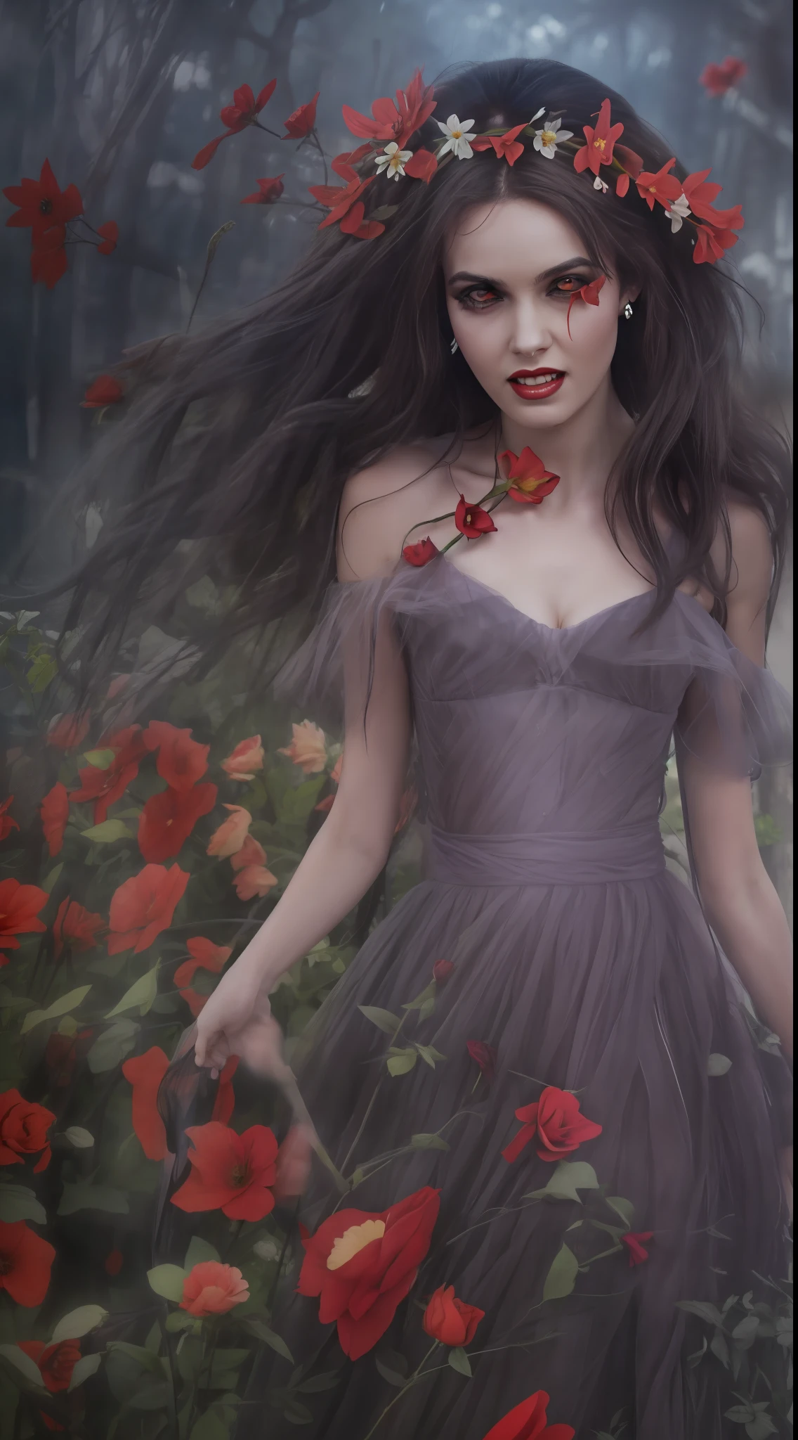 En una fiesta de primavera, A beautiful vampire walks through a garden on a clear night. Ella lleva una guirnalda de flores en su cabello, You have cold eyes and your skin lacks pigment., Ella lleva un largo, Sober dress with heart neckline.