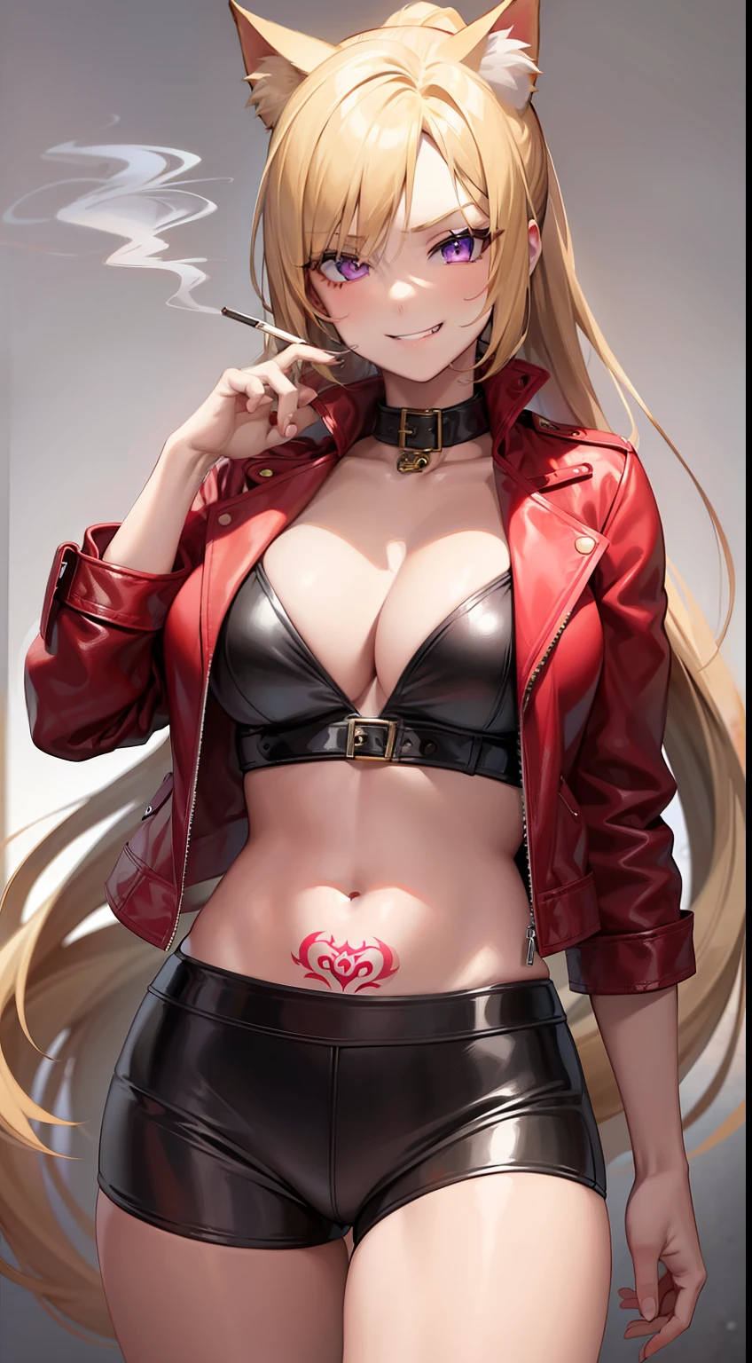 young girl, longue blonde hair, high ponytail, cat ears, violet eyes, red leather jacket, briefs, open belly, open breasts, tattoo, Scars, smirk, cigarette, Masterpiece, hiquality