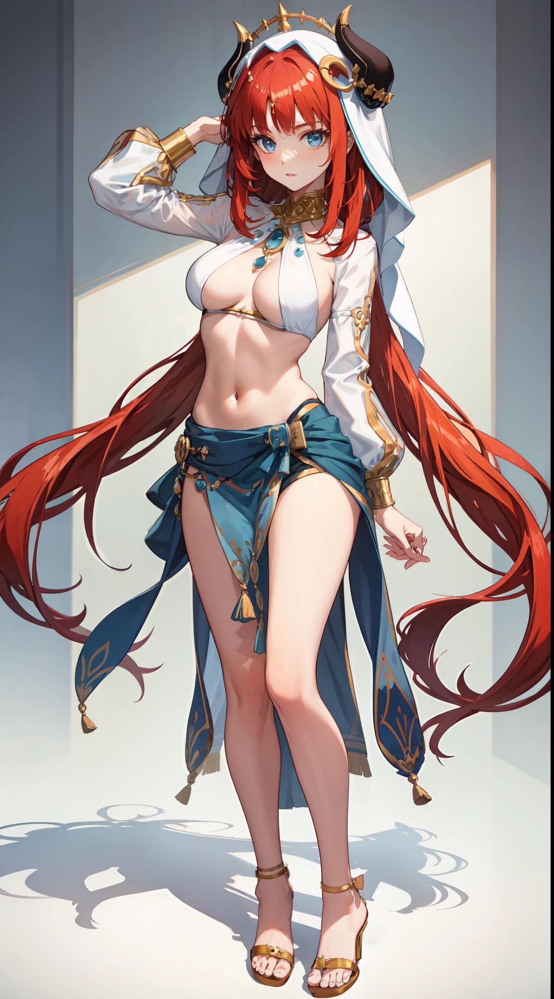 slim legs, blue eyes, nilou, red hair, long hair, mesmerising , medium breast