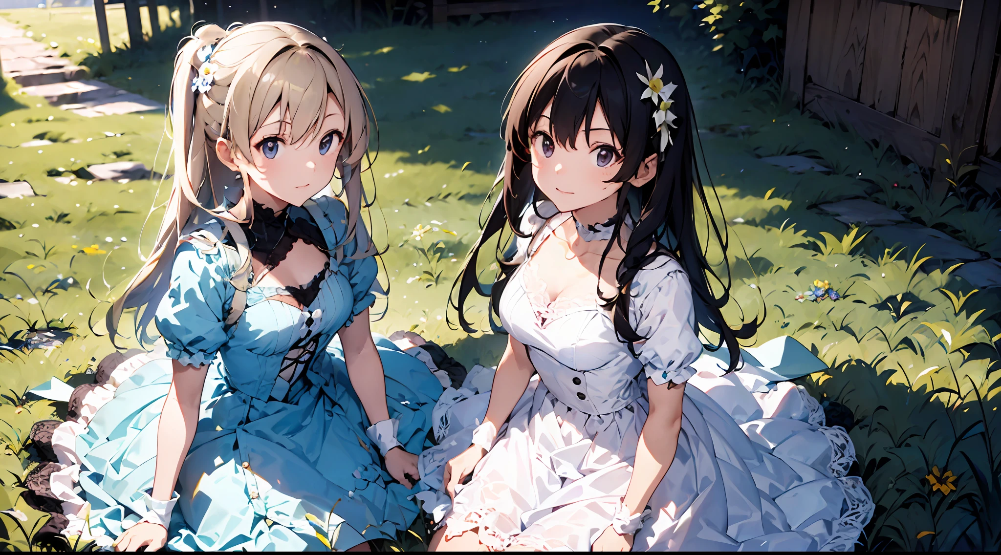 (Masterpiece), Best quality, (CharacterDesignSheet,Same role,frontage,Lateral face,on back), wears a white dress,Purple lace,(White lace gloves,Purple lace),There are flowers on it, concept-art,Lace gloves,Off-the-shoulder attire