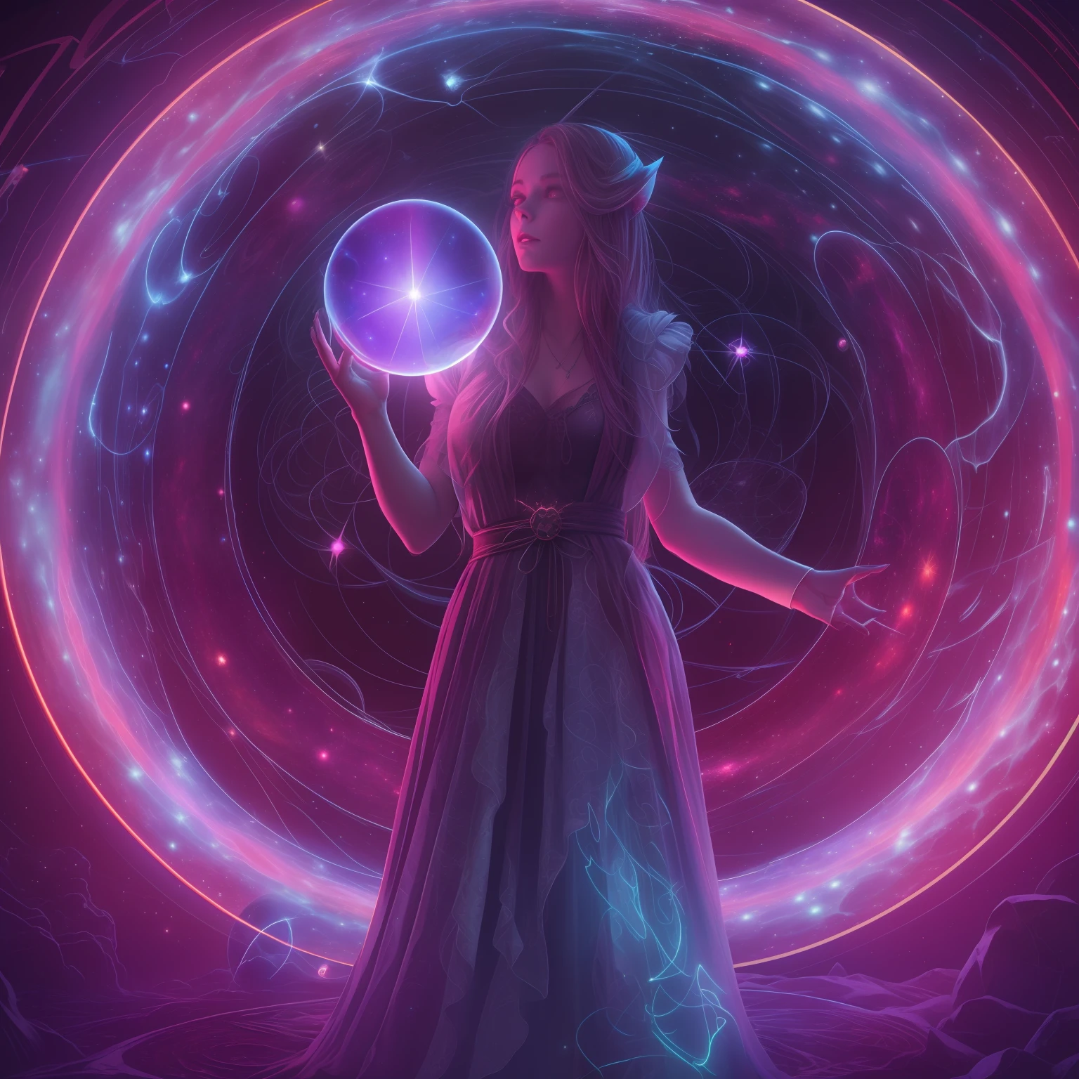 beautiful female neopunk wizard opening a portal to the sidereal multiverse, intricate galaxy inlay, ultra high detail, plasma neon internal glow, astral projection, laser sharp, octane render, creature, wicca, occult, harvest, fall, hyper-realistic, ultra resolution, creepy, dark, volumetric lighting high contrast
