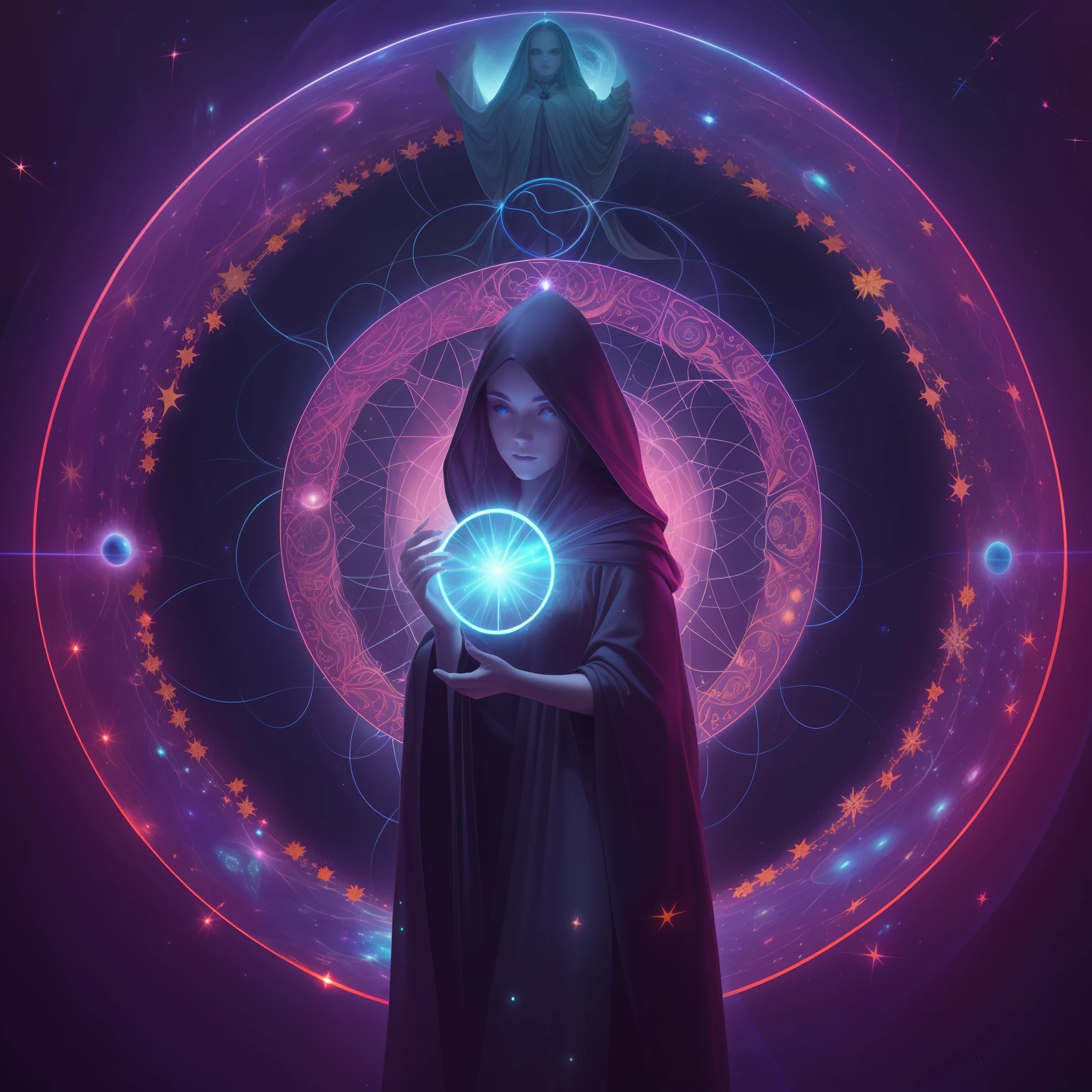 beautiful female neopunk wizard opening a portal to the sidereal multiverse, intricate galaxy inlay, ultra high detail, plasma neon internal glow, astral projection, laser sharp, octane render, creature, wicca, occult, harvest, fall, hyper-realistic, ultra resolution, creepy, dark, volumetric lighting high contrast