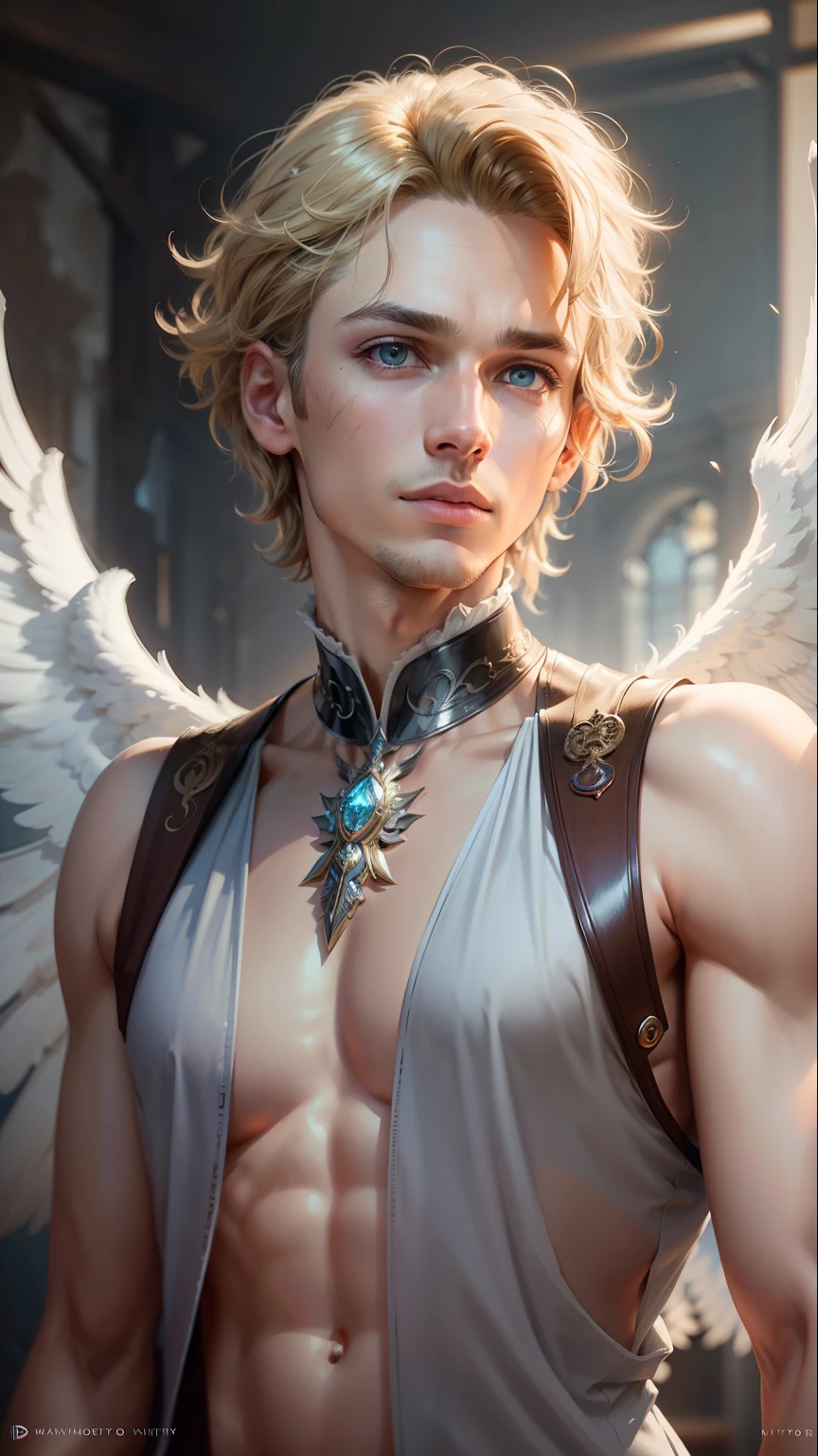 best quality, masterpiece, upper body, bright highlights, (extremely detailed CG unity 8k wallpaper), handsome young man, angelic wings, halo, (male, man), messy hair, short hair, serious, dramatic pose, cinematic lighting, photorealistic, dynamic pose, sharp-focus, 80s fantasy art, (photorealistic:1.4), (masterpiece, finely detailed beautiful eyes: 1.2), masterpiece*portrait, realistic, 3d face, glowing eyes, blonde hair, 1920s plunging neckline dress
