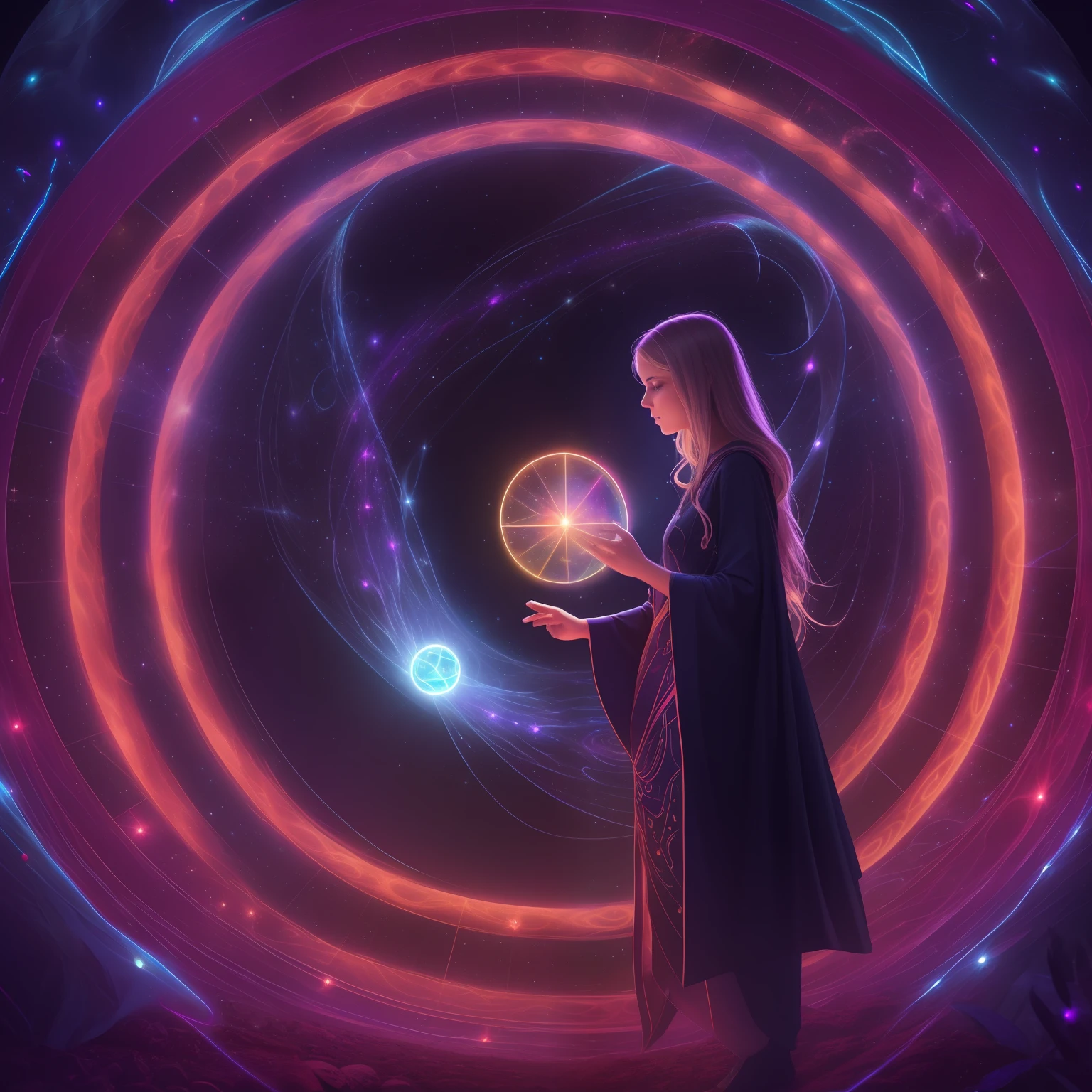 beautiful female neopunk wizard opening a portal to the sidereal multiverse, intricate galaxy inlay, ultra high detail, plasma neon internal glow, astral projection, laser sharp, octane render, creature, wicca, occult, harvest, fall, hyper-realistic, ultra resolution, creepy, dark, volumetric lighting high contrast