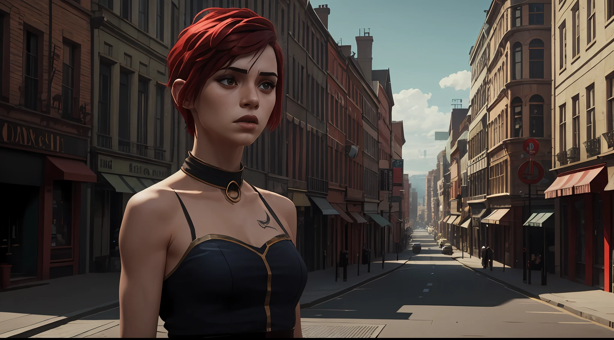 arcane, girl, short red hair, pixie hair cut, fake screenshot, half body, upper body, beautiful, dslr, 8k, 4k, natural skin, textured skin, city, background