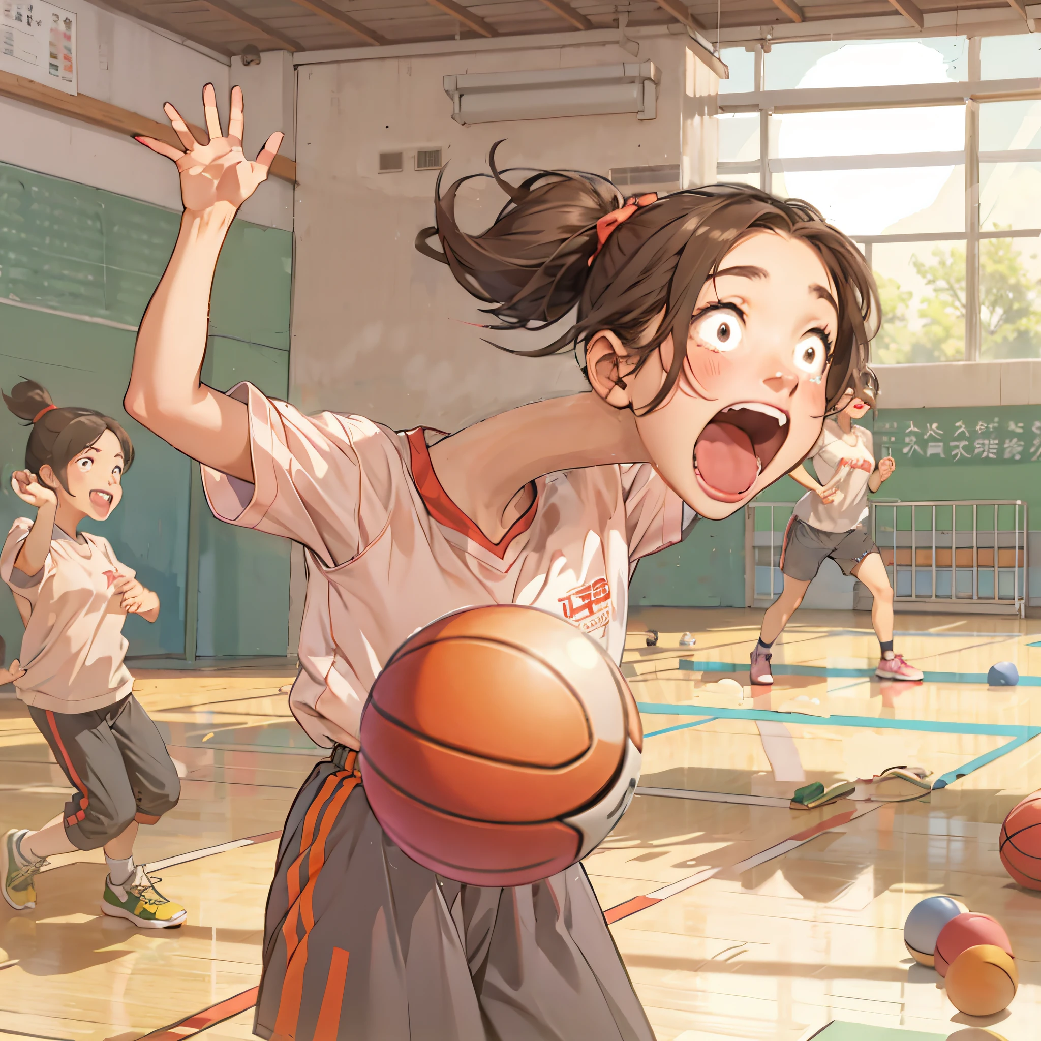 Anime image of girl with basketball ball in gym, Playing Basketball, by Yanjun Cheng, by Yang J, a beautiful artwork illustration, basketball, by Yoshihiko Wada, expressing joy. by krenz cushart, kawacy, digital anime illustration, by Li Song, by Ni Yuanlu, by Yamagata Hiro, anime style illustration