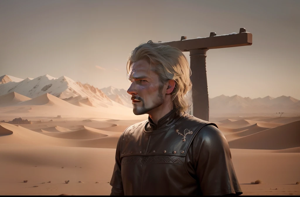 Change the background to winter desert, Game of thrones , men ,change the outfit to retro, cinematic, realistic,8k