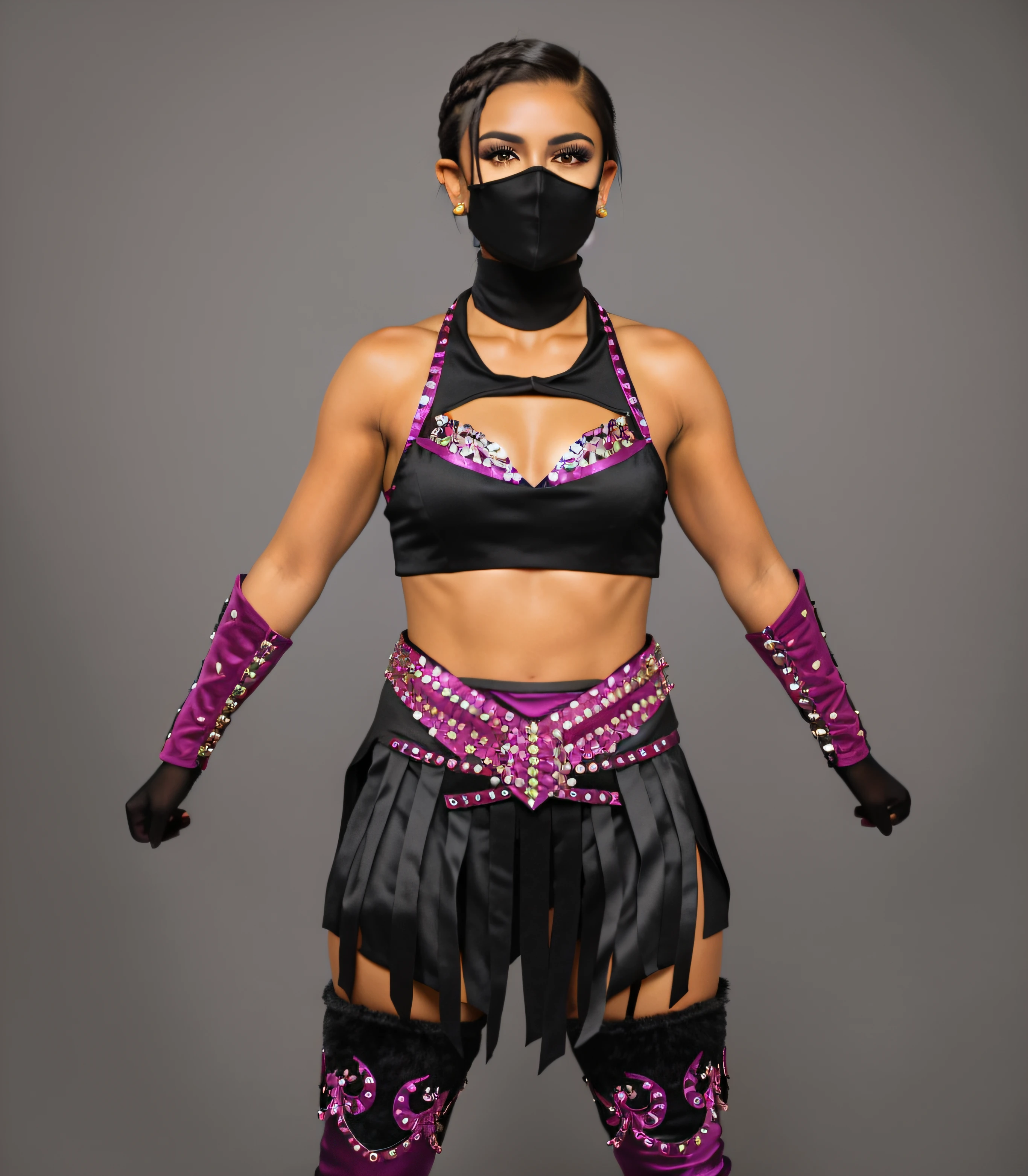 ((masterpiece, best quality)), Brunette Hispanic female wrestler with short comb-over hairstyle, with black velour shawl, black and magenta velour ornate bra with silver studs, black and magenta velour ornate tassel miniskirt with silver studs, black and magenta velour ornate bracers with silver studs, black and magenta velour ornate long-boots with silver studs, photo realistic, intricate details