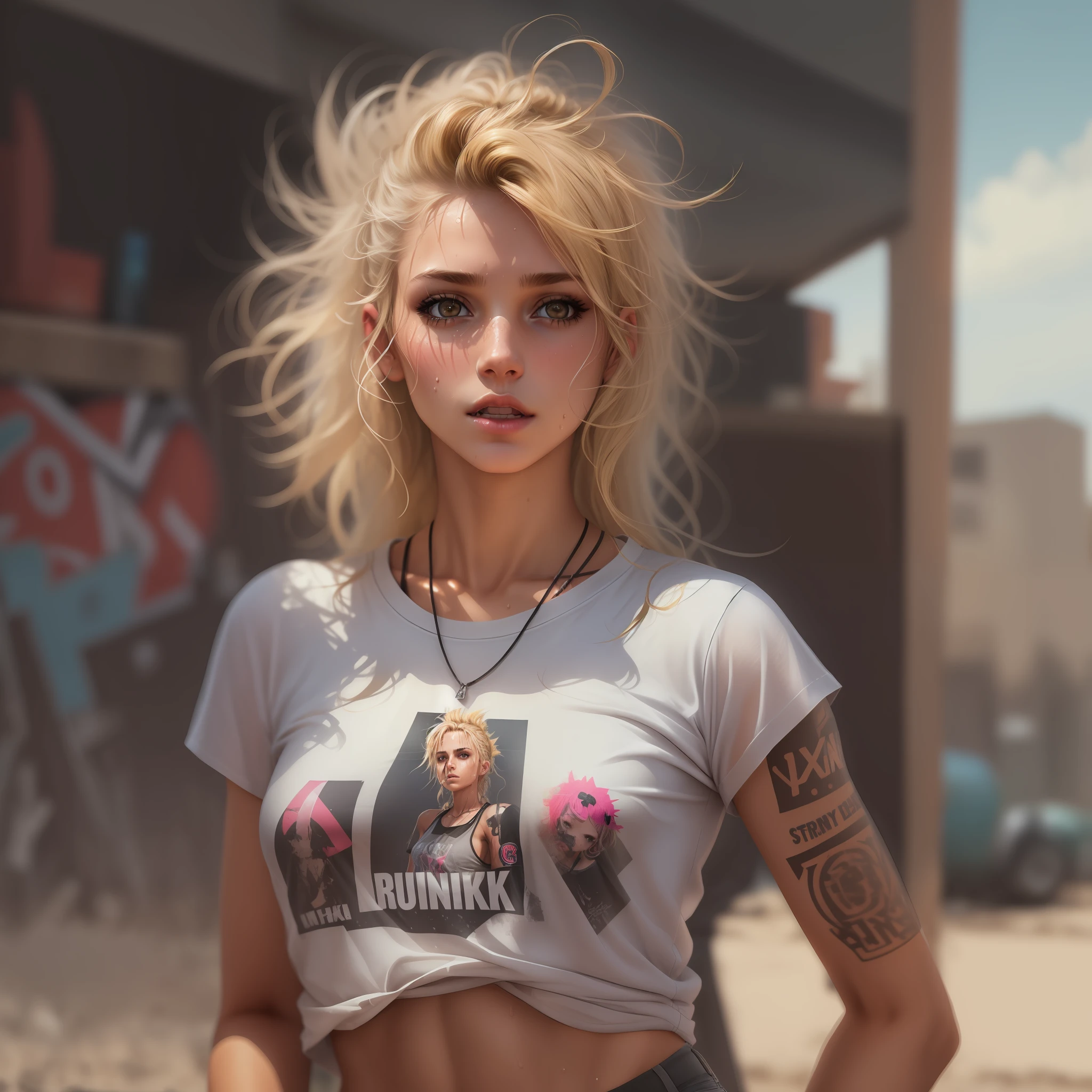 (1girl), medium breasts, tan, dewy skin, sweaty skin, wavy blonde hair, punk tshirt, punk girl, Masterpiece, Realistic photo, Realism.