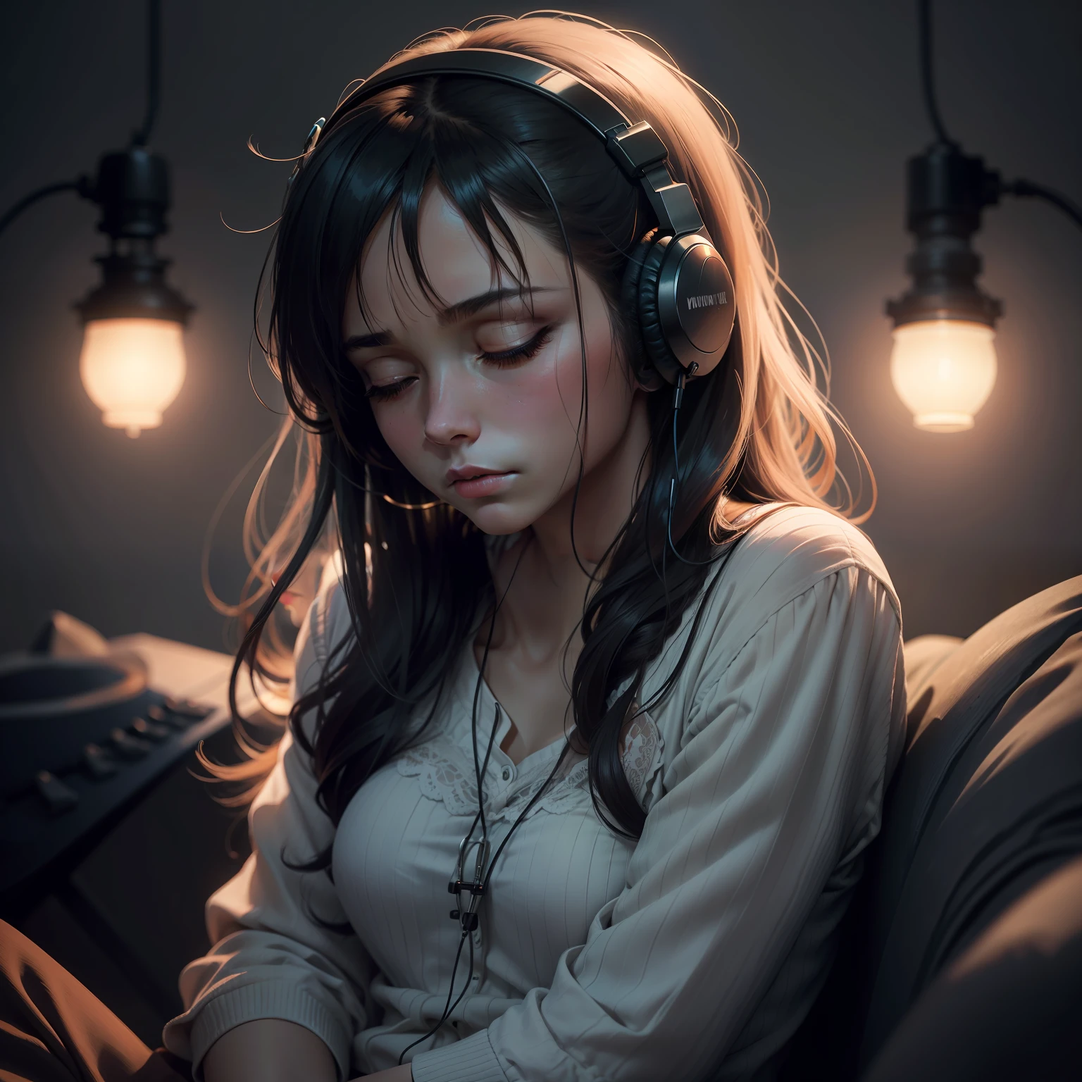 The image portrays a woman sitting alone, wearing headphones over her ears, and her face reflects a sense of melancholy. She appears to be deeply engrossed in listening to sad music, as her closed eyes and subtle frown convey the emotions she's experiencing. The ambiance around her is dimly lit, evoking a somber atmosphere that complements the mood of the music she's immersed in. Despite the melancholy, there's a certain beauty in her vulnerability as she lets the music embrace her soul.