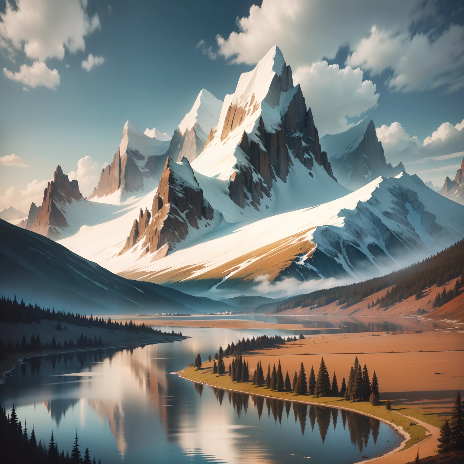 white background, scenery, ink, mountains, water, trees
