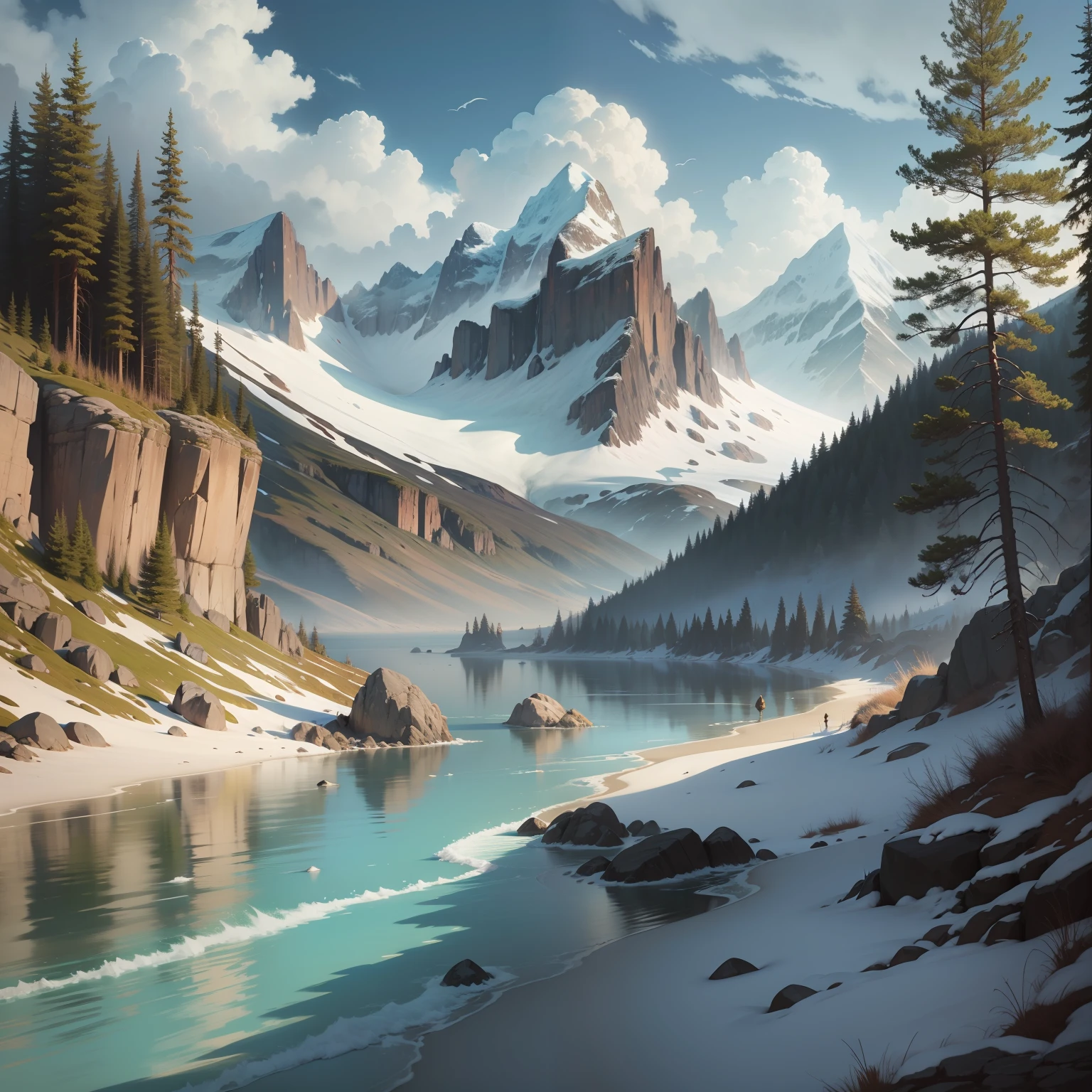 white background, scenery, ink, mountains, water, trees