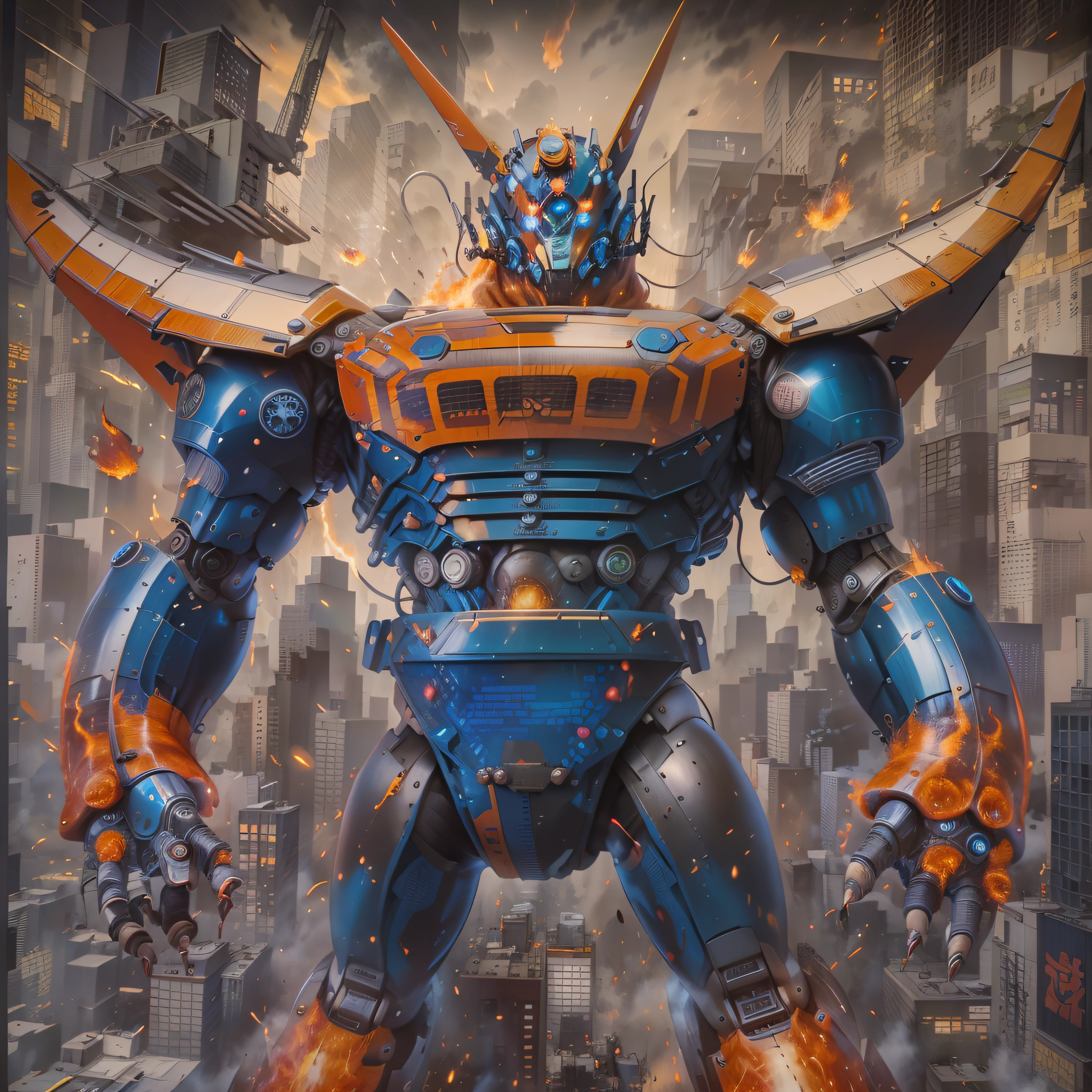An incredible color aerial view daguerrotype of realistic looking Mazinger Z. a towering giant robot, standing at 20 meters tall. It boasts a powerful and robust frame, adorned with vibrant red and blue colors. Its head features a horn-like crest and glowing eyes. With rocket-powered fists and energy-based laser cannons, it's a formidable force. Dynamic visual effects, like flames and sparks, highlight its immense power. It represents strength, courage, and unwavering determination in the face of adversity. He is fighting against a Kaiju, a horrid intergalactic outer space foul ogre in the middle of Tokio, Japan, in 1973. You can see the perfect details in his body made of a rare metal alloy. Encaustic