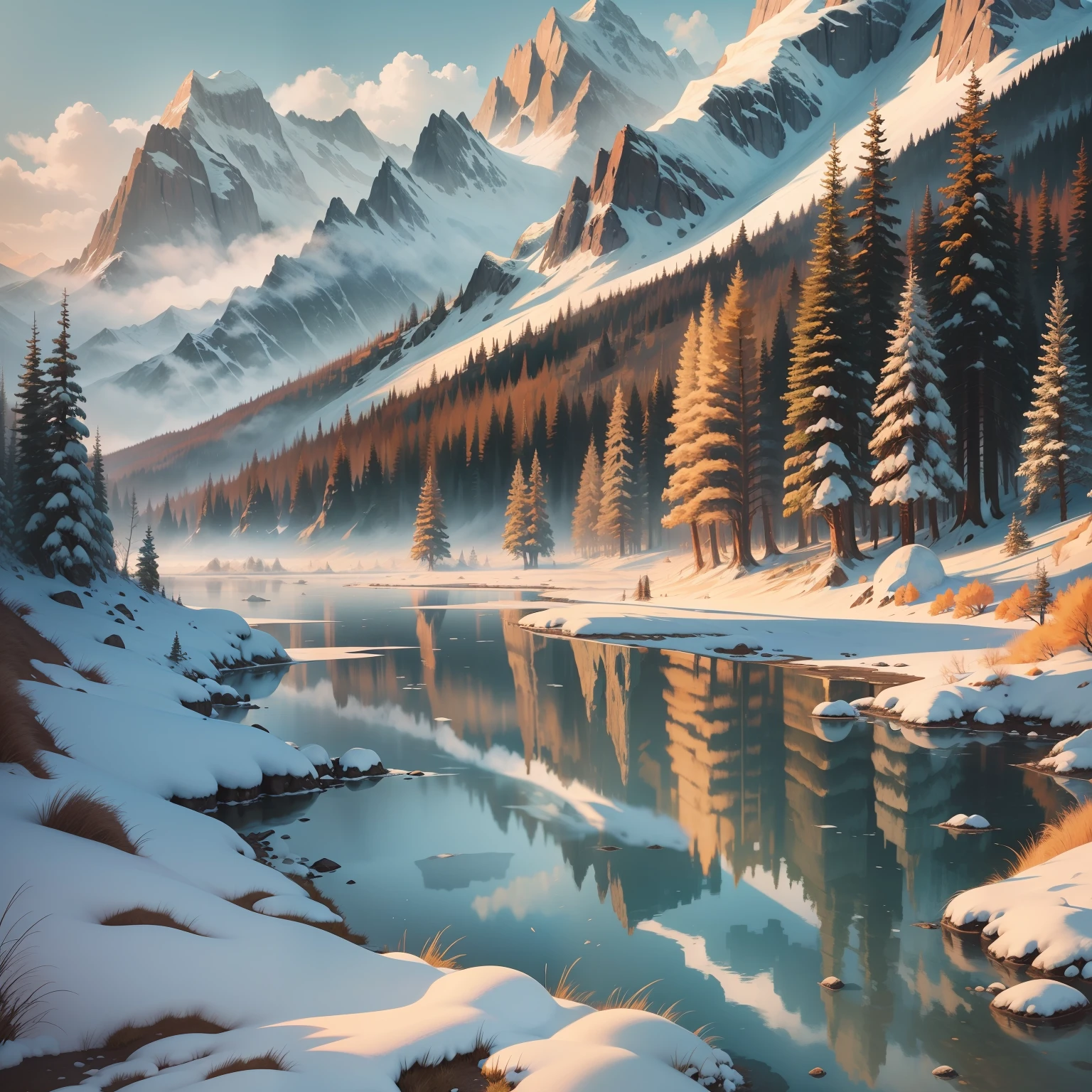 white background, scenery, ink, mountains, water, trees