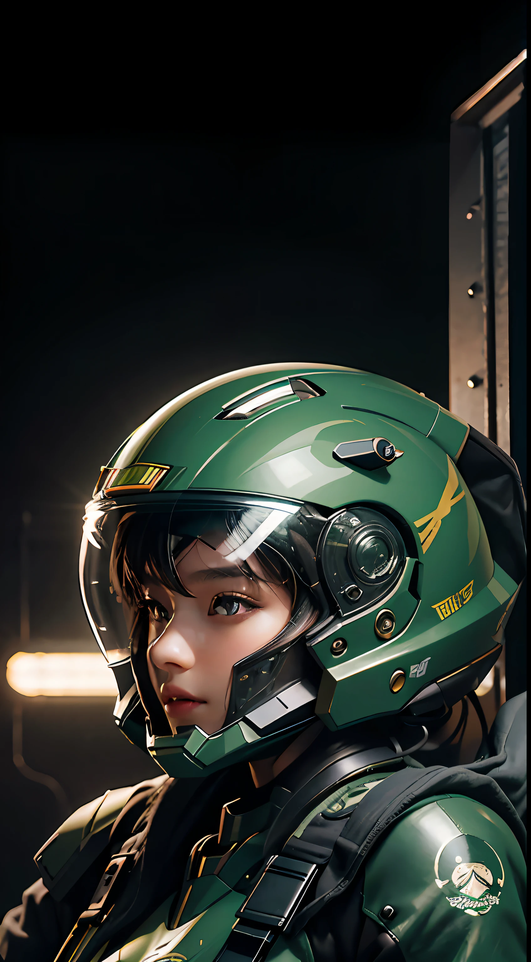 Highest image quality, outstanding details, ultra-high resolution, (realism: 1.4), the best illustration, favor details, highly condensed 1girl, with a delicate and beautiful face, dressed in a black and green mecha, wearing a mecha helmet, holding a directional controller, riding on a motorcycle, the background is a high-tech lighting scene of the future city.