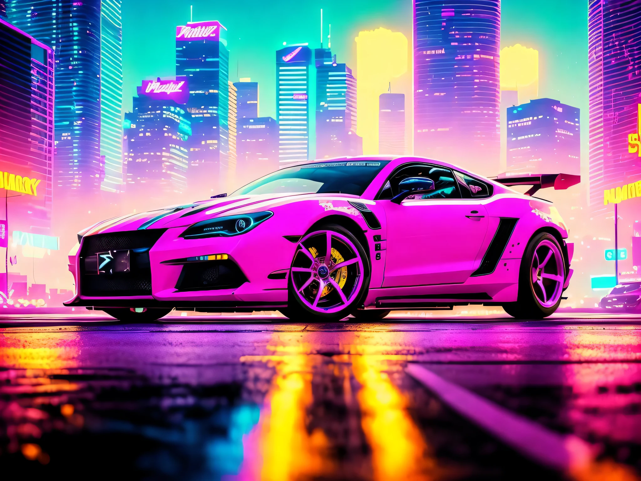 swpunk, synthwave, paint splatters, (extremely detailed 8k wallpaper), a medium shot photo of a futuristic concept car parked in an elaborate cyberpunk city, ray tracing, detailed reflections, Intricate, High Detail, dramatic, best quality masterpiece, photorealistic, detailed, 8k, HDR, backlighting, bloom, light sparkles, chromatic aberration, sharp focus