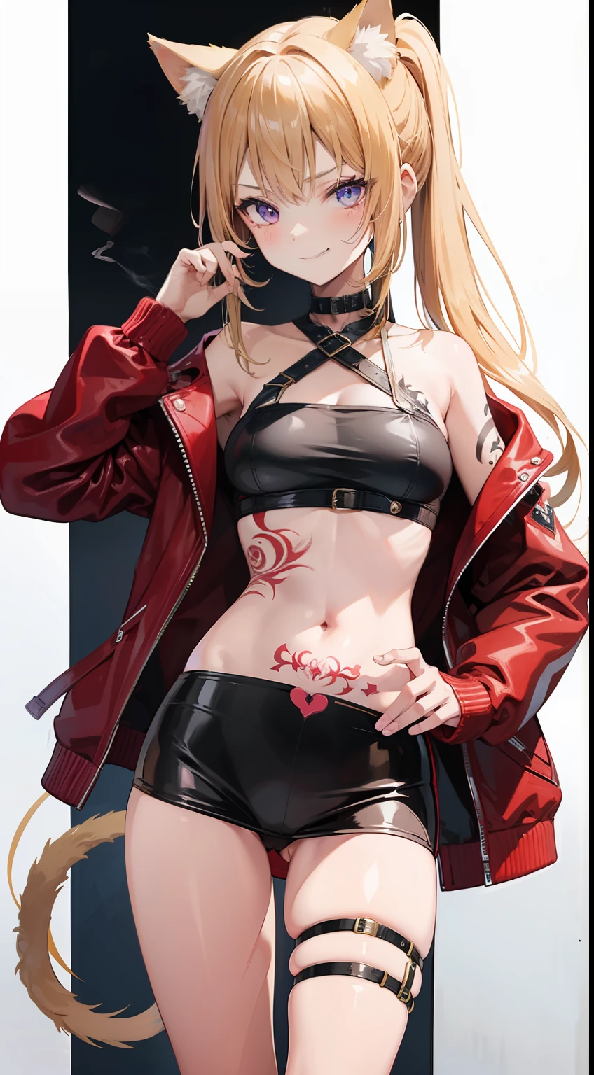 young girl, longue blonde hair, high ponytail, cat ears, violet eyes, red leather jacket, briefs, open belly, open breasts, tattoo, Scars, smirk, cigarette, Masterpiece, hiquality