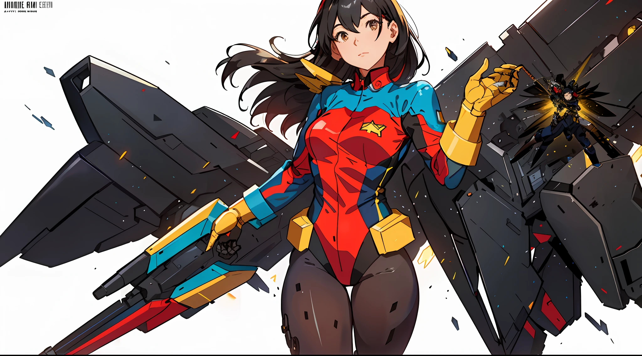 A woman in a red and blue suit holds a close-up of a large black and yellow object, Artgerm and Atey Ghailan, Mecha wings, android heroine, Mechanized Valkyrie girl, Range Murata and Artgerm, anime girl of the future, portrait of a female anime hero, Extremely detailed Artgerm, nanogirl