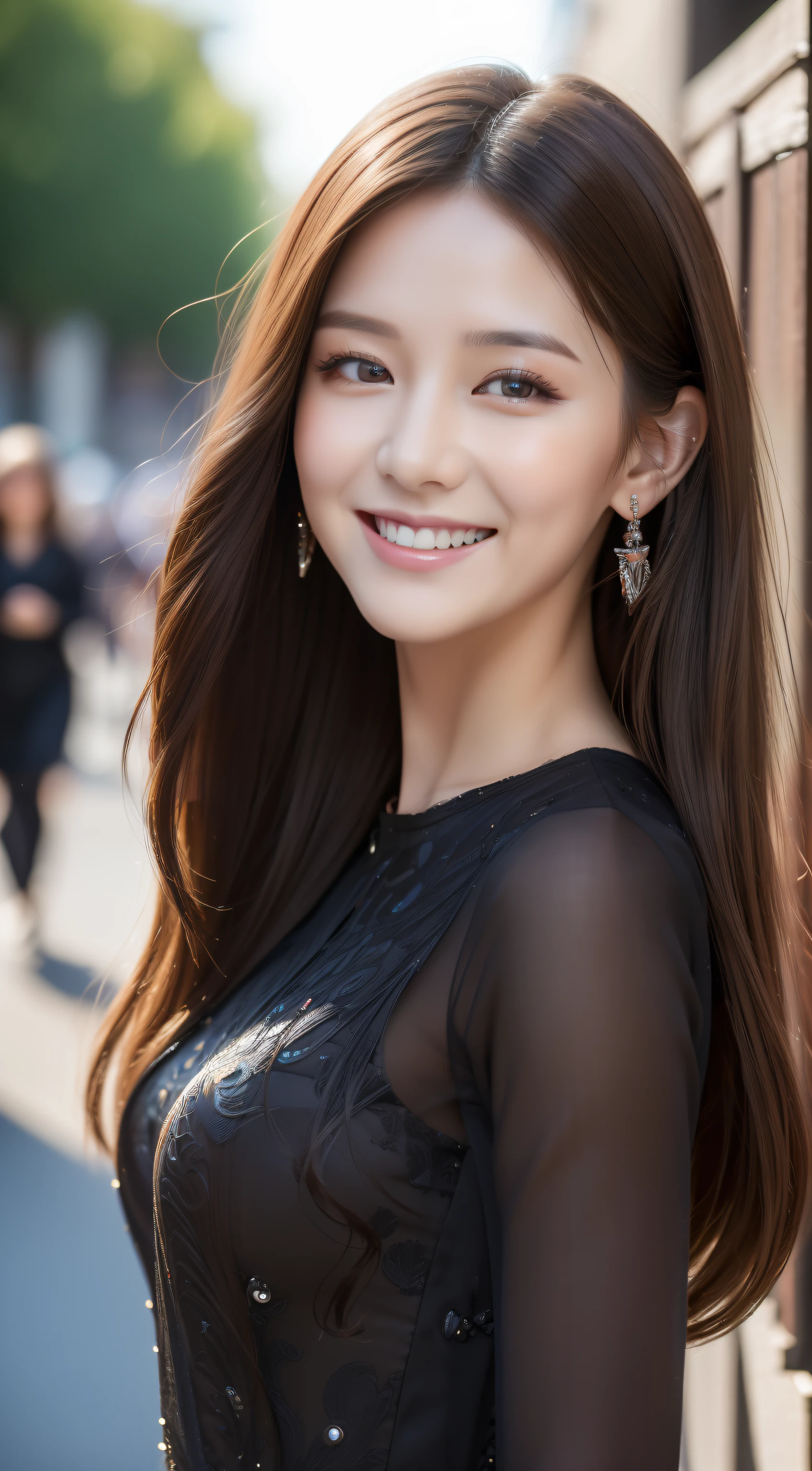 ((Best quality, 8k, Masterpiece :1.3)), 1girl, smiling, full body, slim face, Pretty woman, (Dark brown hair), full length dress :1.1, Ultra-detailed face, Detailed eyes, Double eyelid, blur background, slim face, city, outside, street,