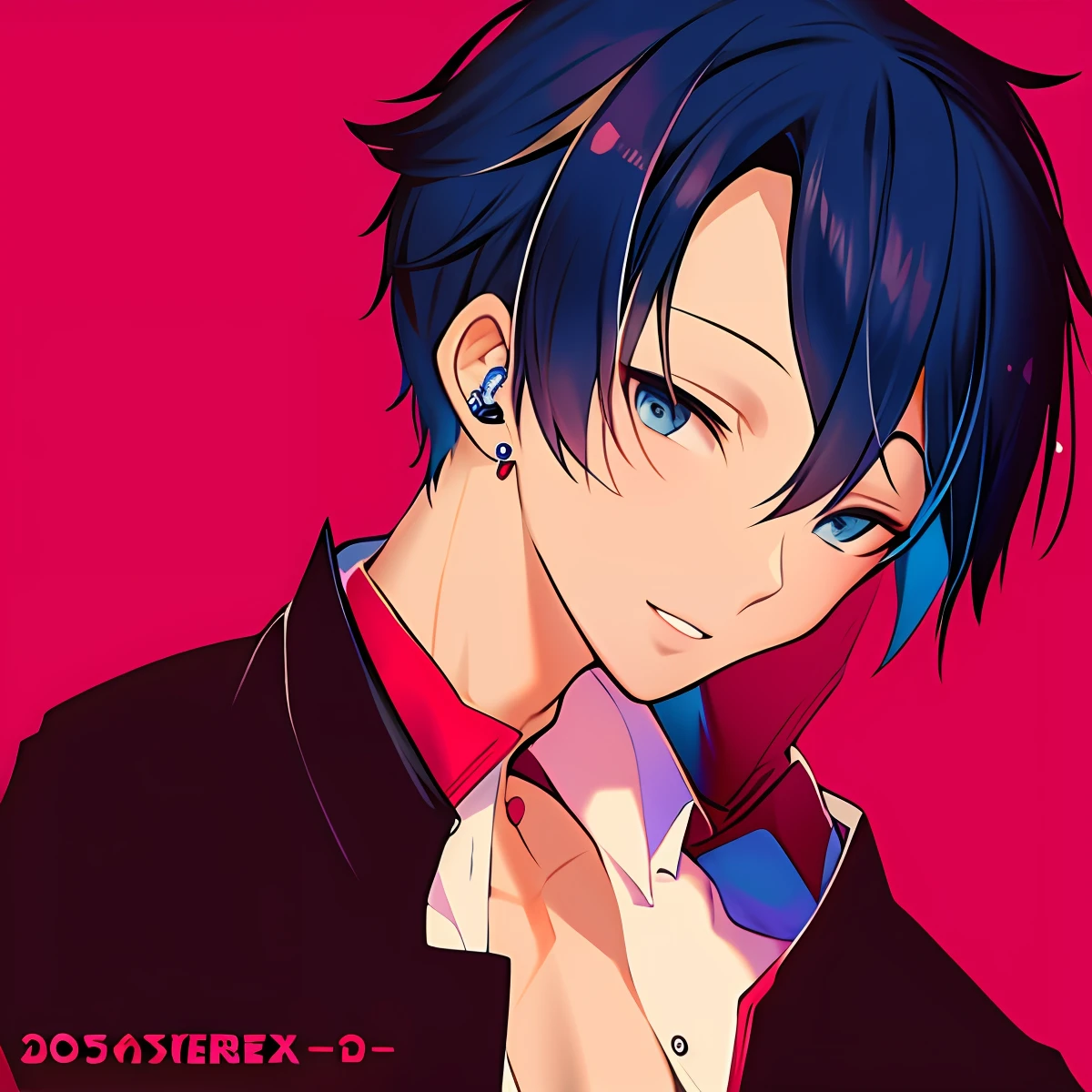 Cartoon anime image of a guy in a shirt and leather jacket, Ear piercing One full-length character, single character full body, The character of the whole body, Tall anime guy with blue eyes, anime vtuber full body model, Full body with costume, Male anime character, anime full body illustration, full - body!!, Full-body sprite, Visual Novel Sprite