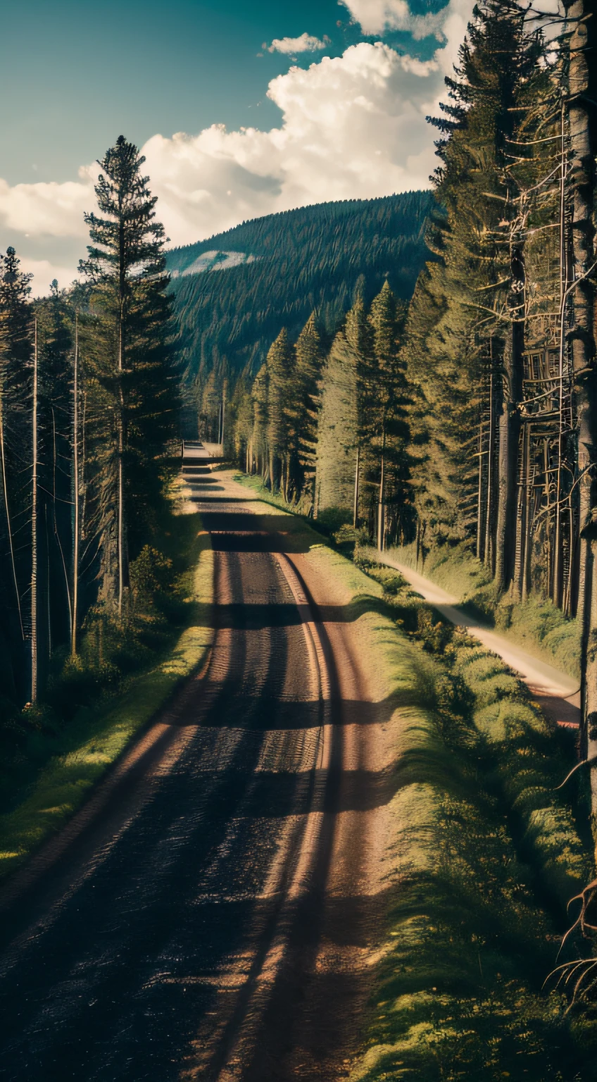 A landscape of dirt roads winding through tree-lined forests, Detailed scenery —width 672, beautiful forest scenery, very beautiful scenery, forest scenery, beautiful forests and trees, wide angle photo, very very beautiful scenery, Majestic nature, beautiful pine tree landscape, Beautiful environment, very very very beautiful scenery, 5 0 0 px