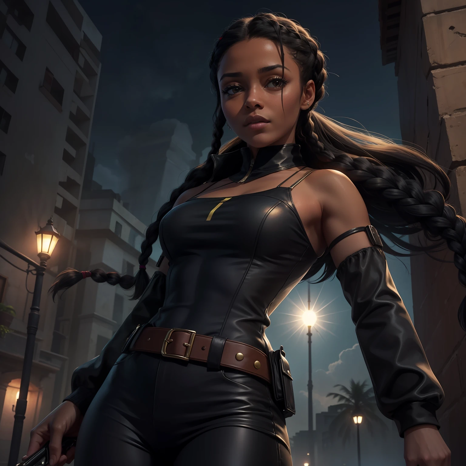 adolescente de pele negra, spy outfit, no brasil, hair with braids, usando magia, roupa de couro