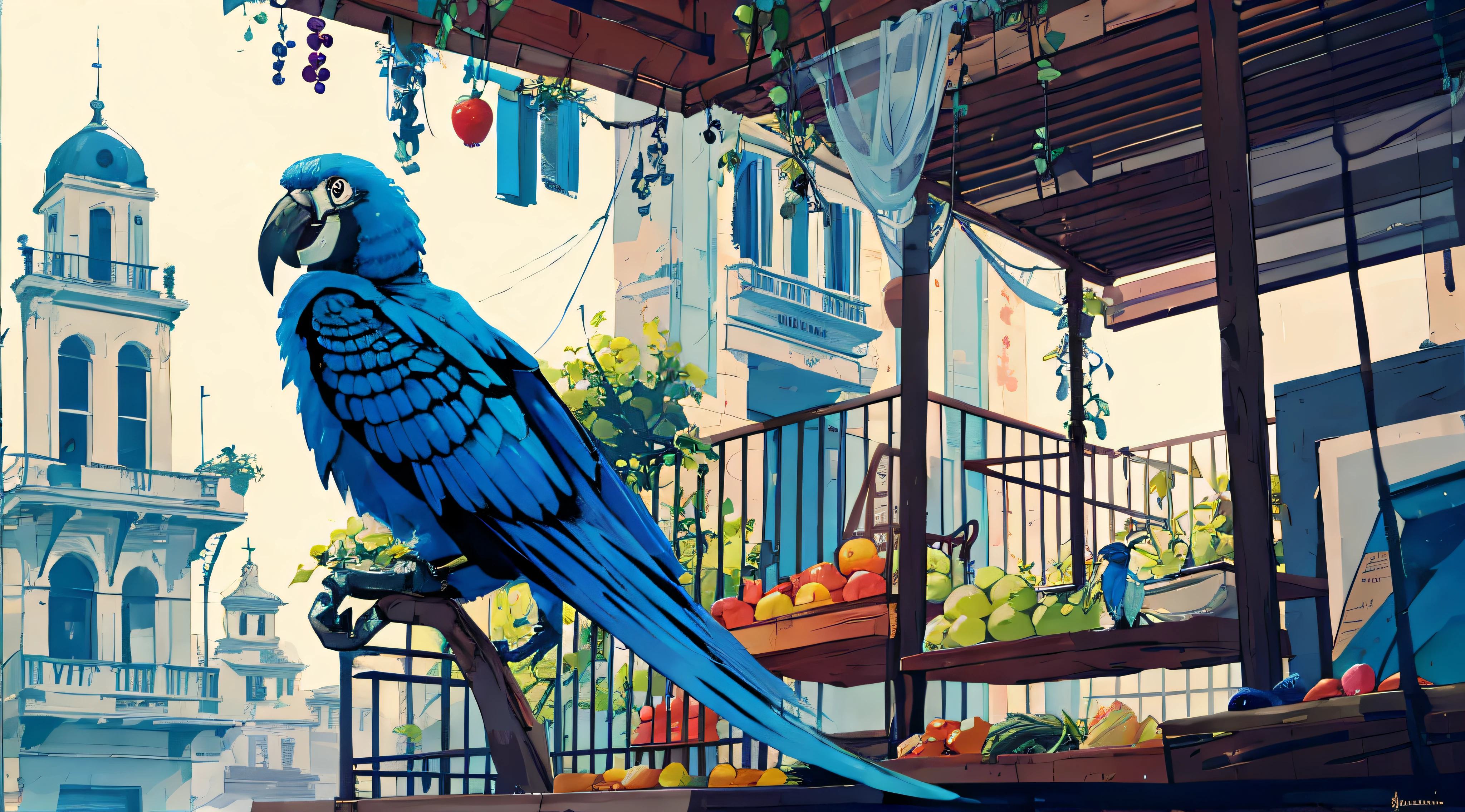 a blue macaw and adds to the image several varieties of fruit