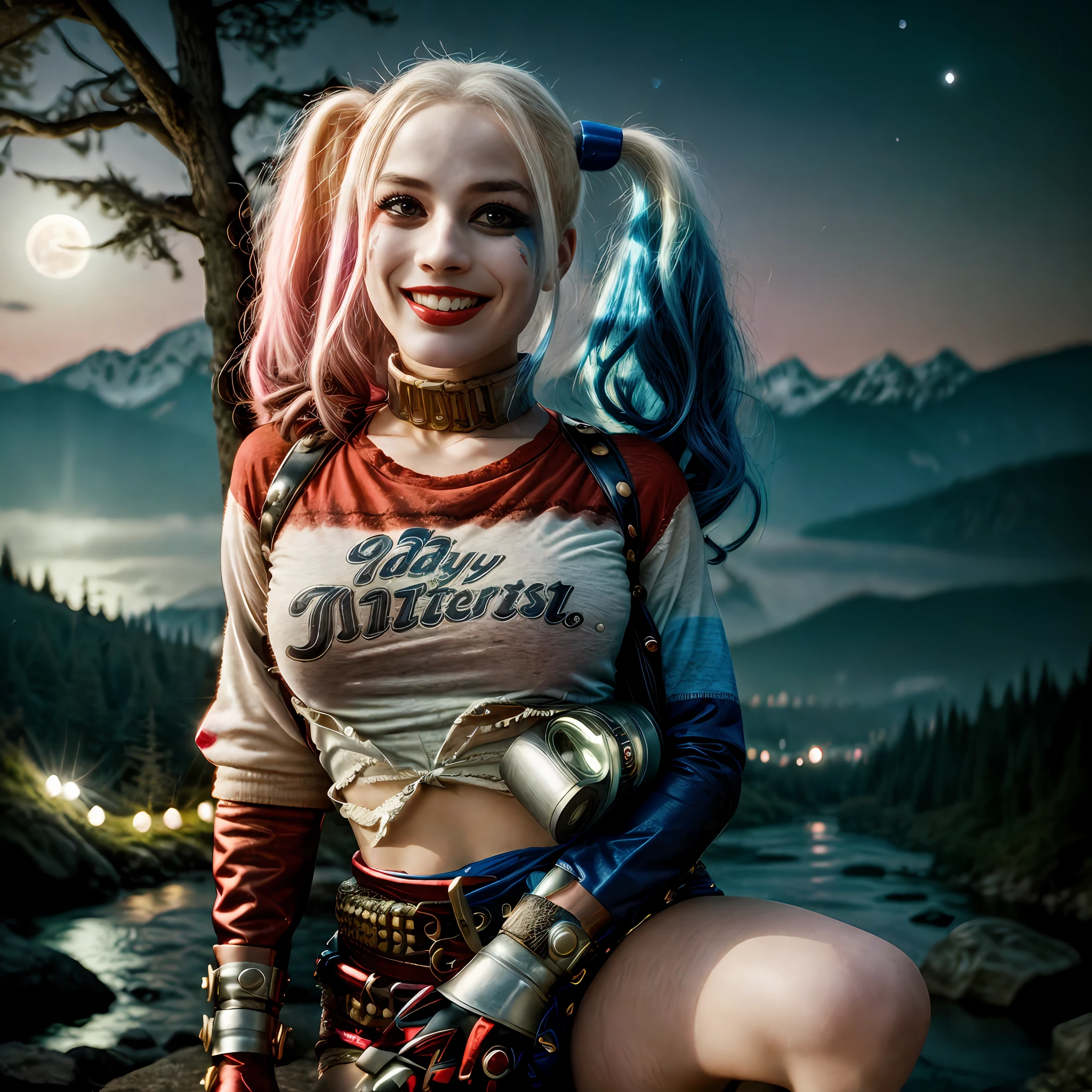 1girl, harleyquinn, twintails, multicolored hair, ((upper body selfie, happy)), masterpiece, best quality, ultra-detailed, solo, outdoors, (night), mountains, nature, (stars, moon) cheerful, happy, mountain boots, gloves, flashlight, forest, rocks, river, wood, smoke, shadows, contrast, clear sky, analog style, (look at viewer:1.2), (skin texture), (film grain:1.3), (warm hue, warm tone :1.2), close up, cinematic light, sidelighting, ultra high res, best shadow, RAW, upper body, wearing pullover